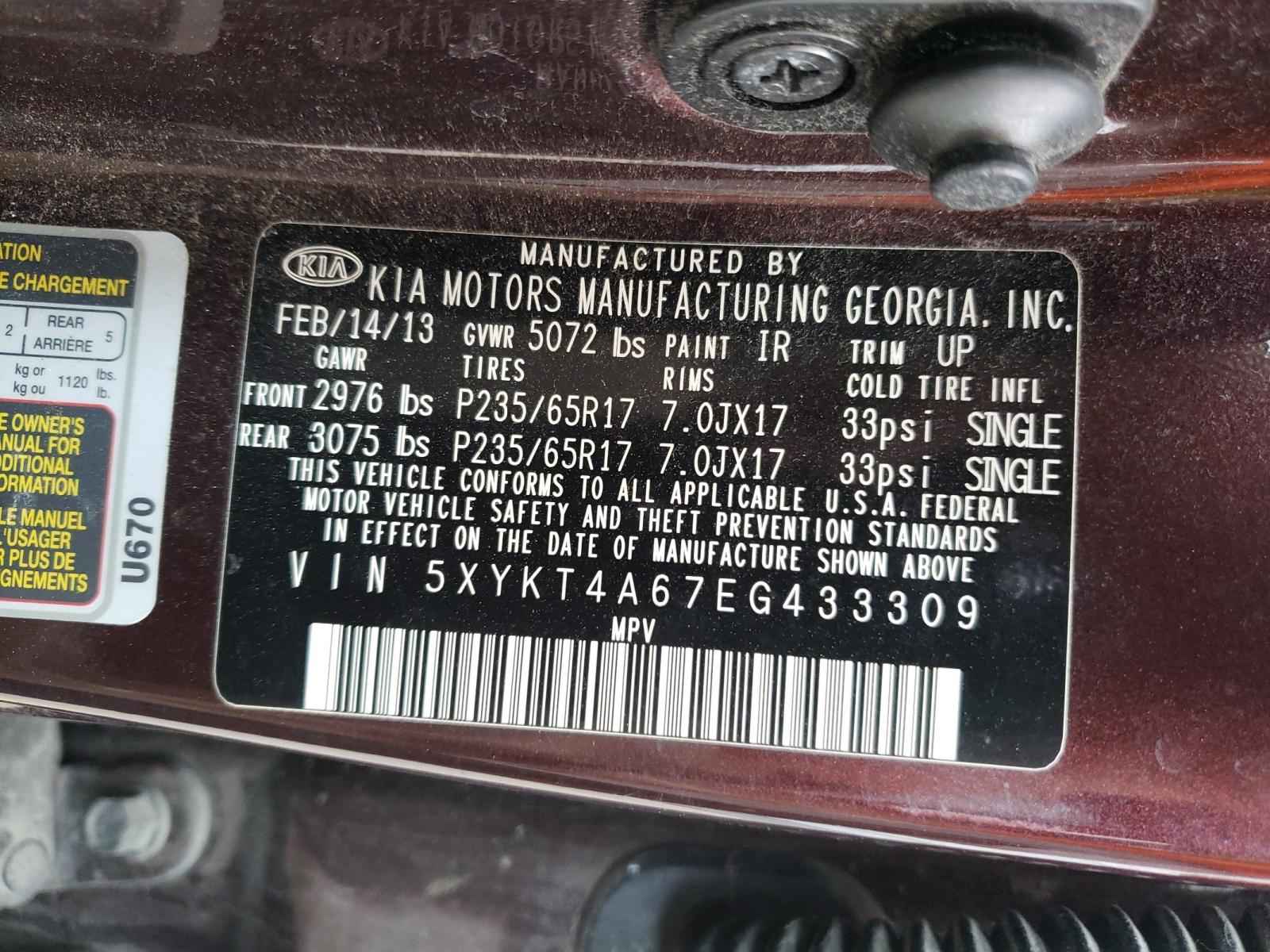 Photo 10 from auction – 2014 KIA SORENTO LX with VIN 5XYKT4A67EG433309