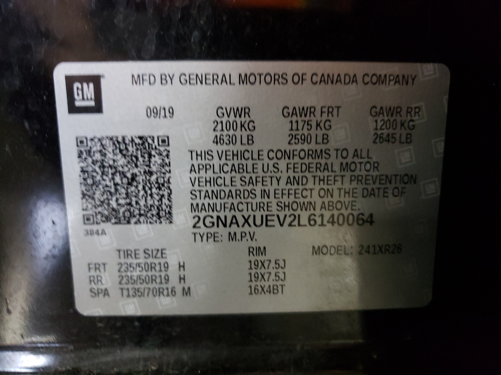 Photo 10 from auction – 2020 CHEVROLET EQUINOX LT with VIN 2GNAXUEV2L6140064