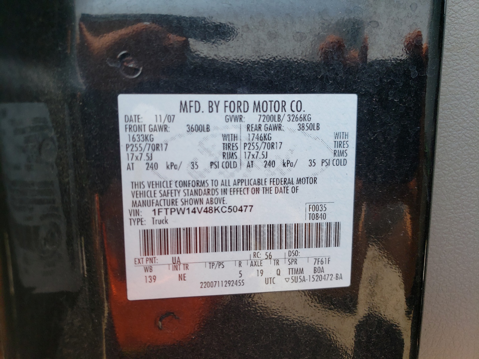 Photo 10 from auction – 2008 FORD F150 SUPER with VIN 1FTPW14V48KC50477