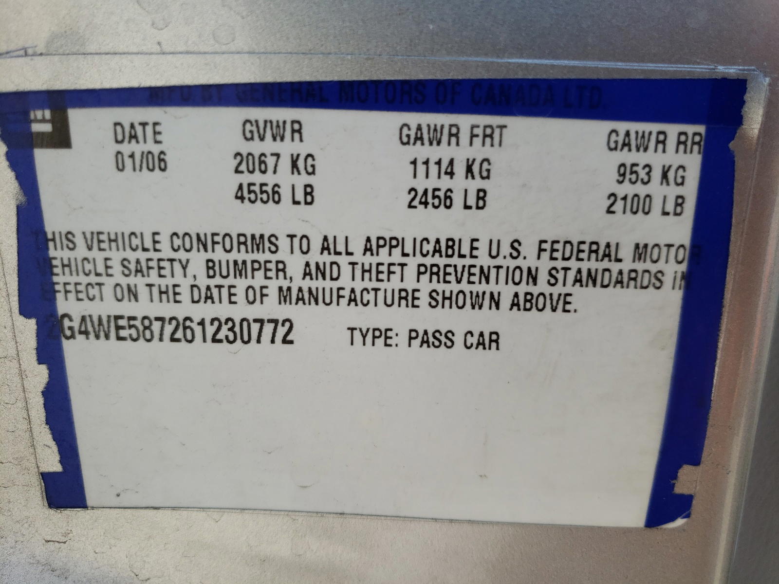 Photo 10 from auction – 2006 BUICK LACROSSE C with VIN 2G4WE587261230772