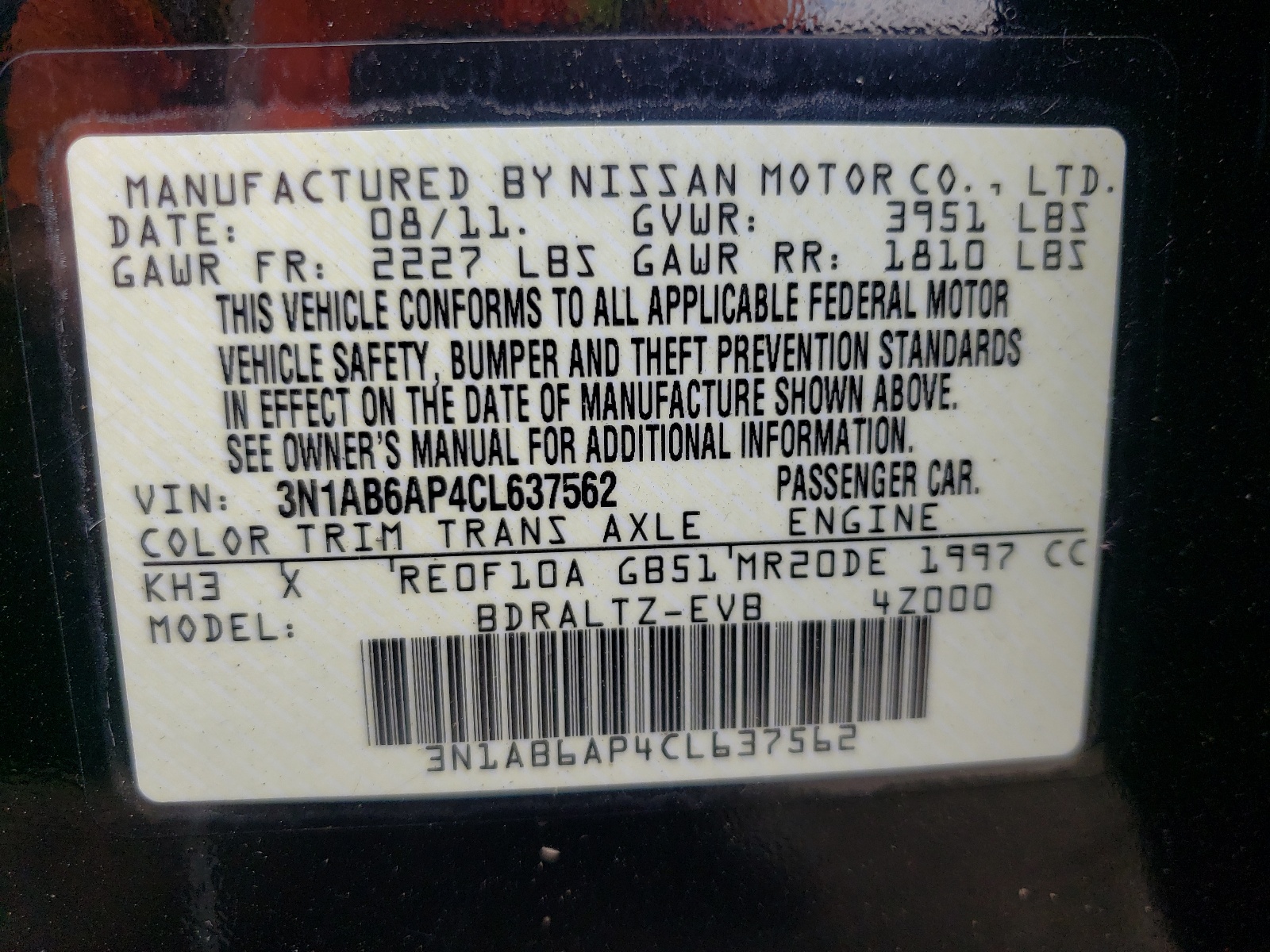 Photo 10 from auction – 2012 NISSAN SENTRA 2.0 with VIN 3N1AB6AP4CL637562