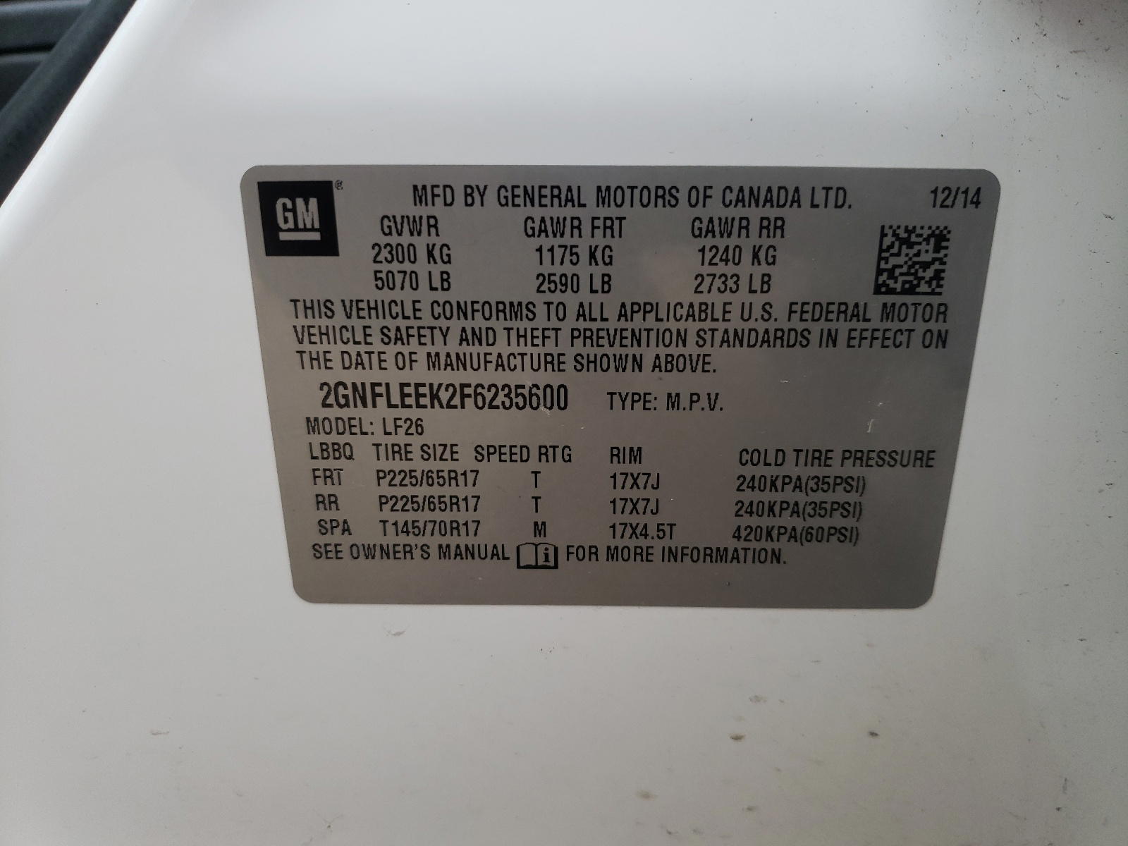 Photo 10 from auction – 2015 CHEVROLET EQUINOX LS with VIN 2GNFLEEK2F6235600
