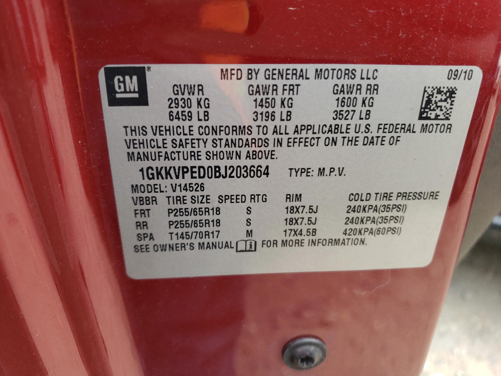 Photo 10 from auction – 2011 GMC ACADIA SLE with VIN 1GKKVPED0BJ203664