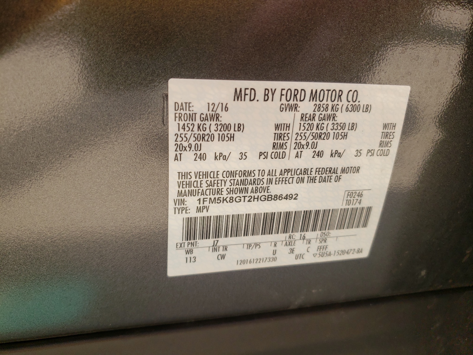 Photo 10 from auction – 2017 FORD EXPLORER S with VIN 1FM5K8GT2HGB86492