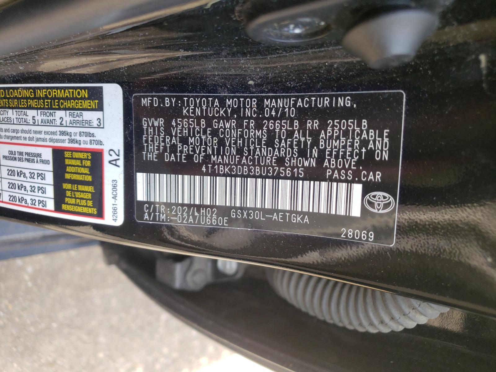 Photo 10 from auction – 2011 TOYOTA AVALON BAS with VIN 4T1BK3DB3BU375615