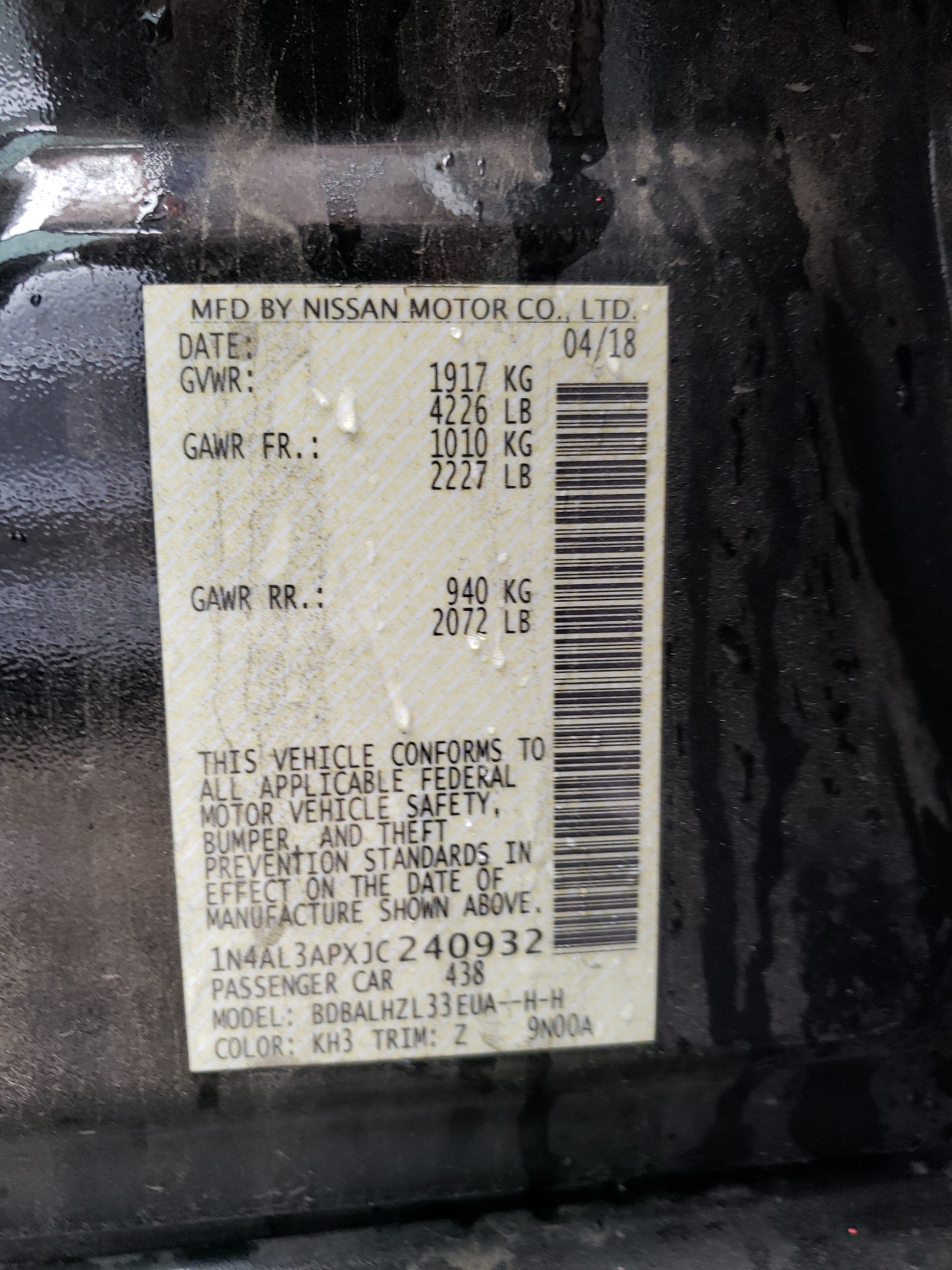 Photo 10 from auction – 2018 NISSAN ALTIMA 2.5 with VIN 1N4AL3APXJC240932