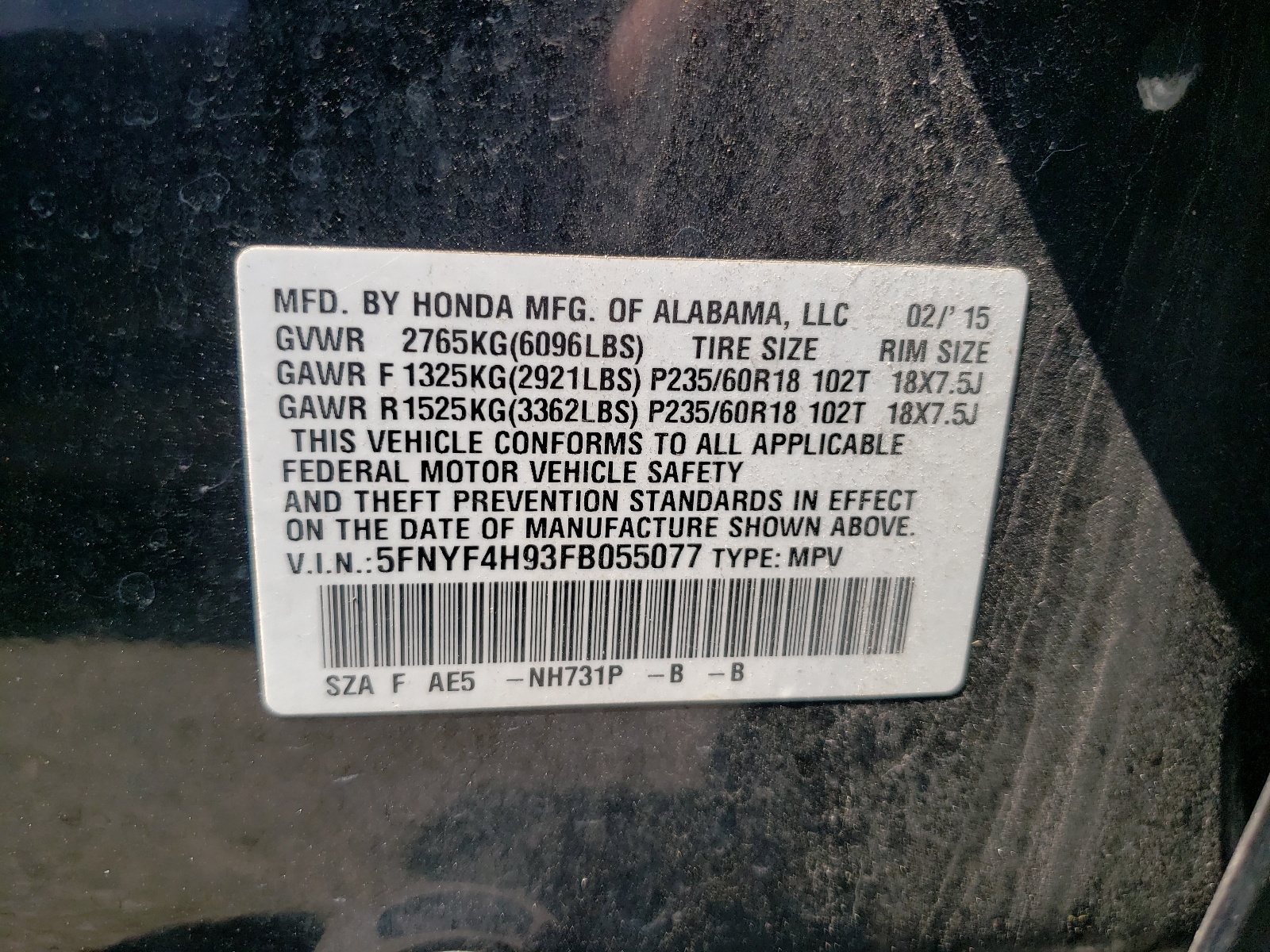 Photo 10 from auction – 2015 HONDA PILOT TOUR with VIN 5FNYF4H93FB055077