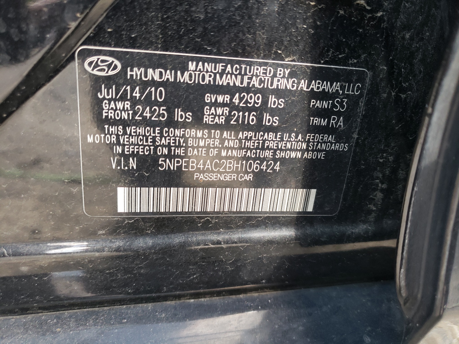 Photo 10 from auction – 2011 HYUNDAI SONATA GLS with VIN 5NPEB4AC2BH106424