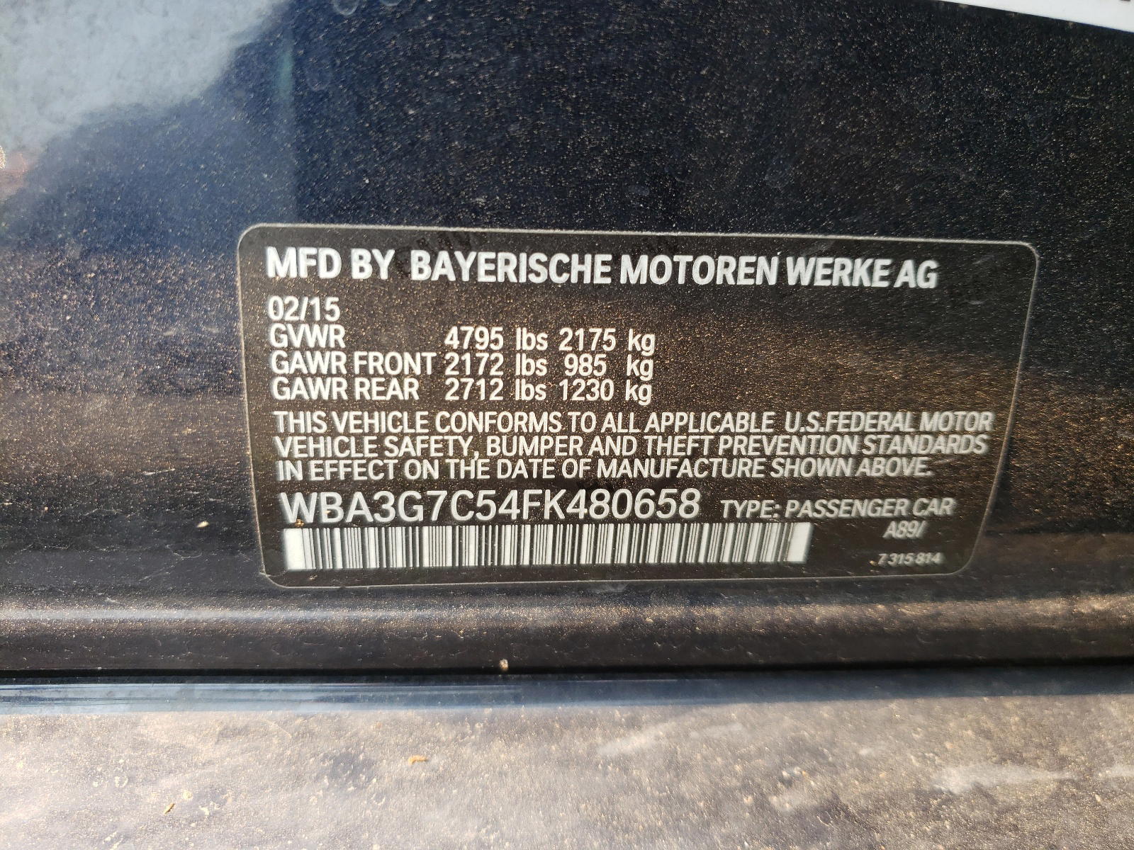 Photo 10 from auction – 2015 BMW 328 XI with VIN WBA3G7C54FK480658