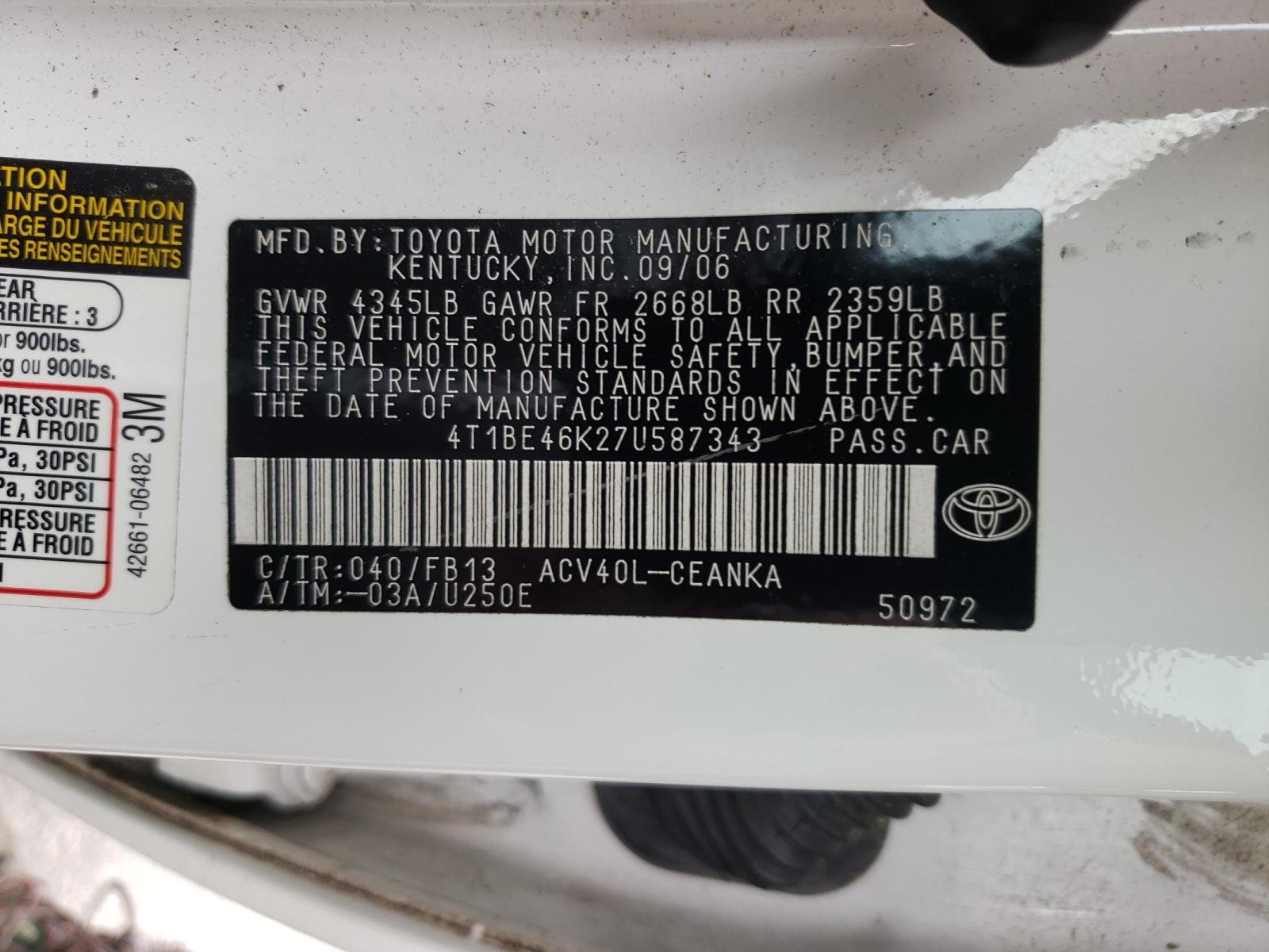 Photo 10 from auction – 2007 TOYOTA CAMRY LE A with VIN 4T1BE46K27U587343