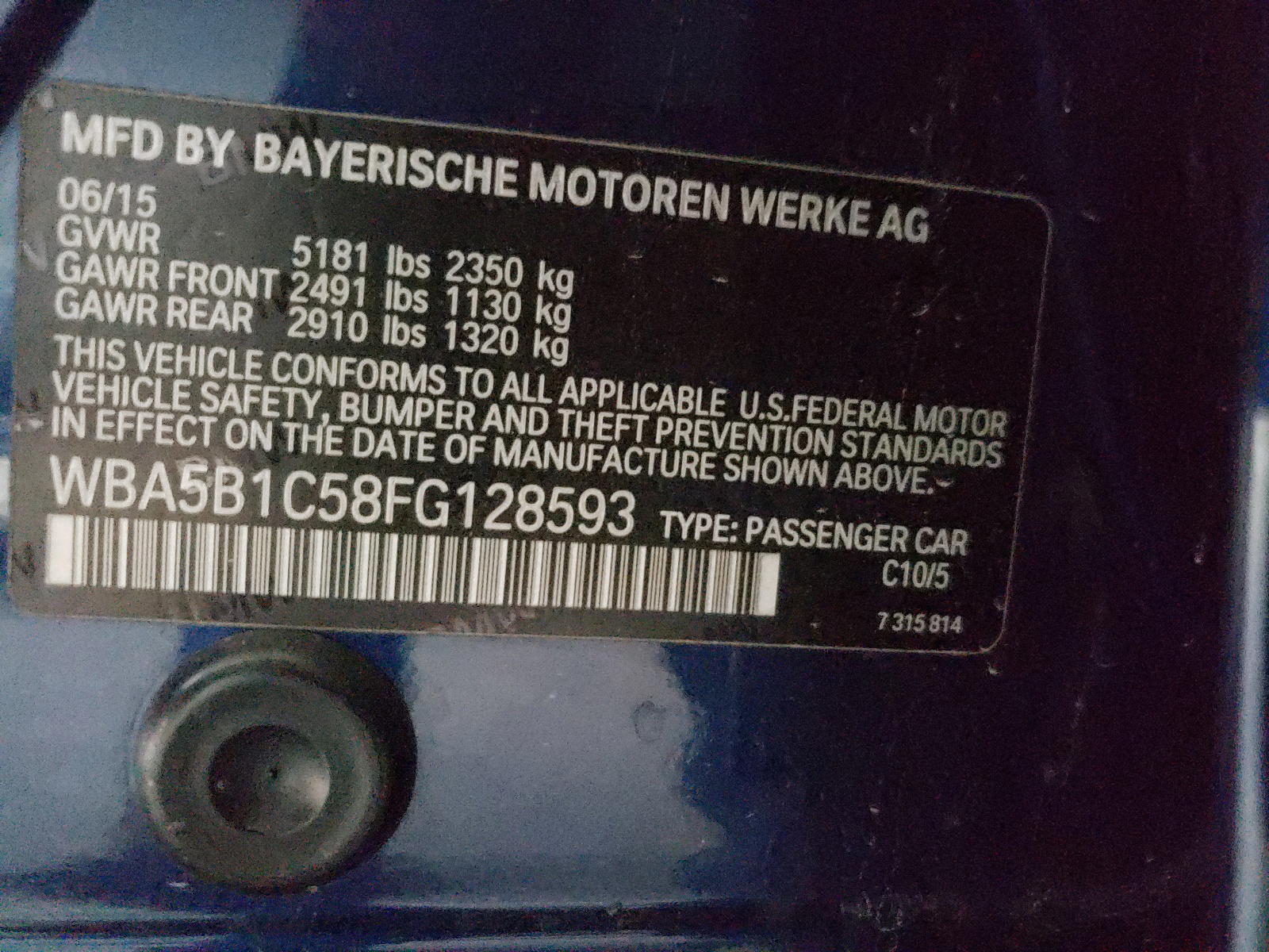 Photo 10 from auction – 2015 BMW 535 I with VIN WBA5B1C58FG128593