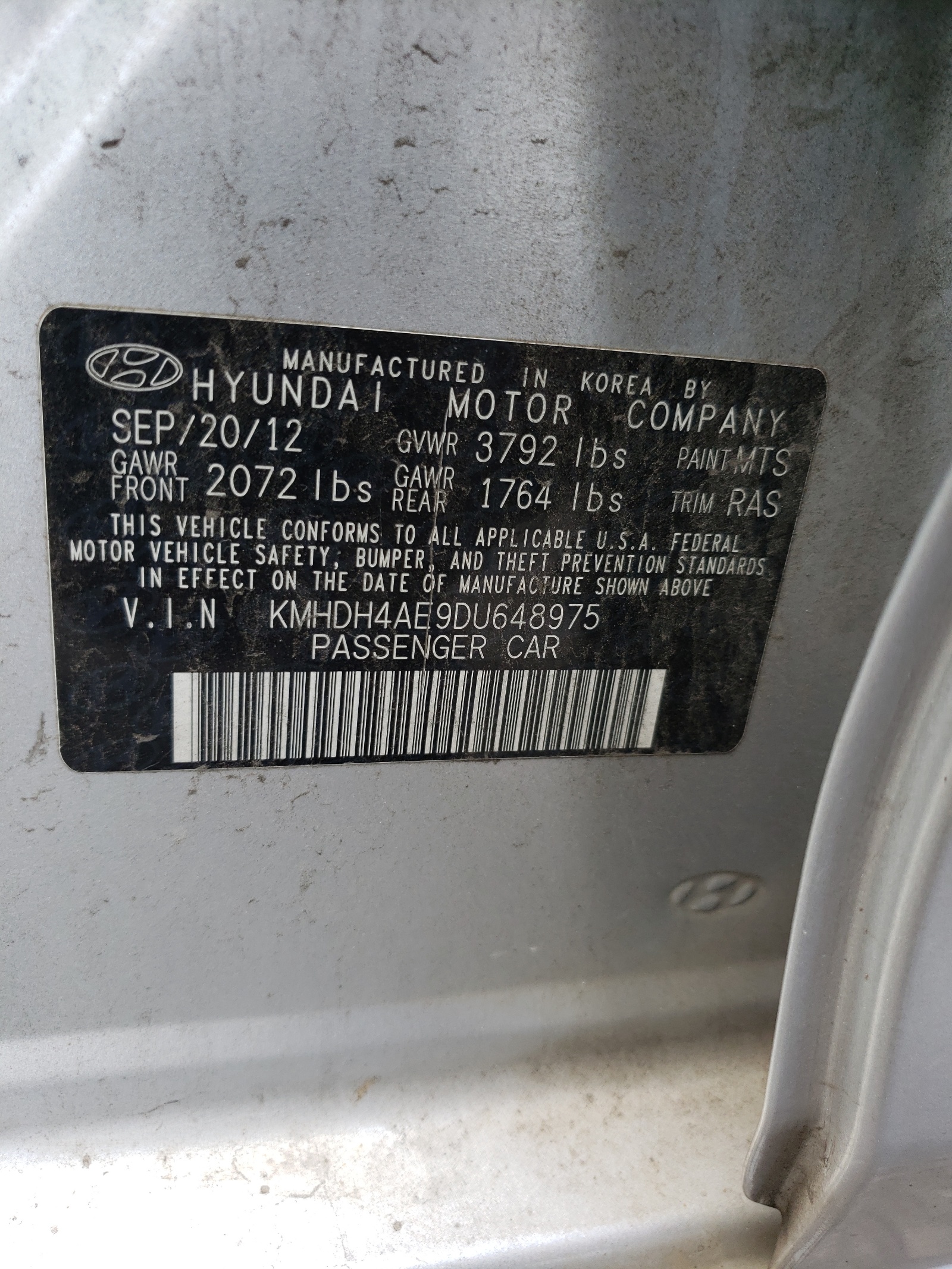 Photo 10 from auction – 2013 HYUNDAI ELANTRA with VIN KMHDH4AE9DU648975