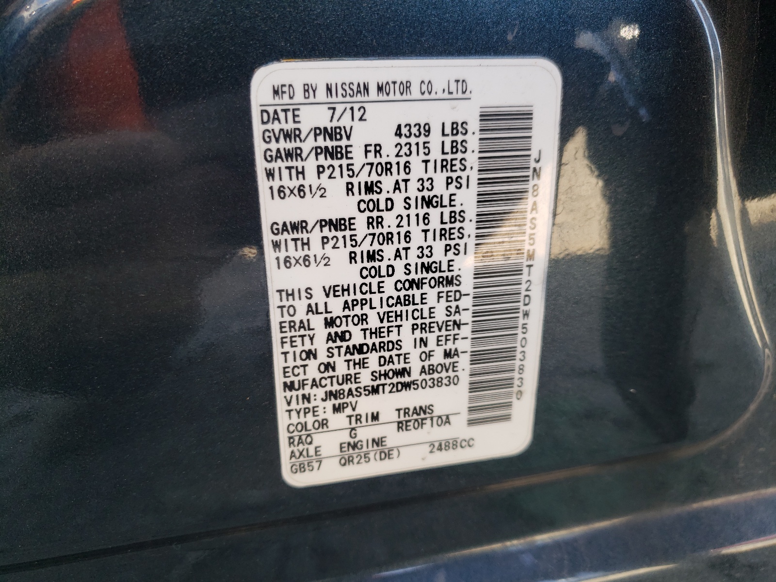 Photo 10 from auction – 2013 NISSAN ROGUE S with VIN JN8AS5MT2DW503830
