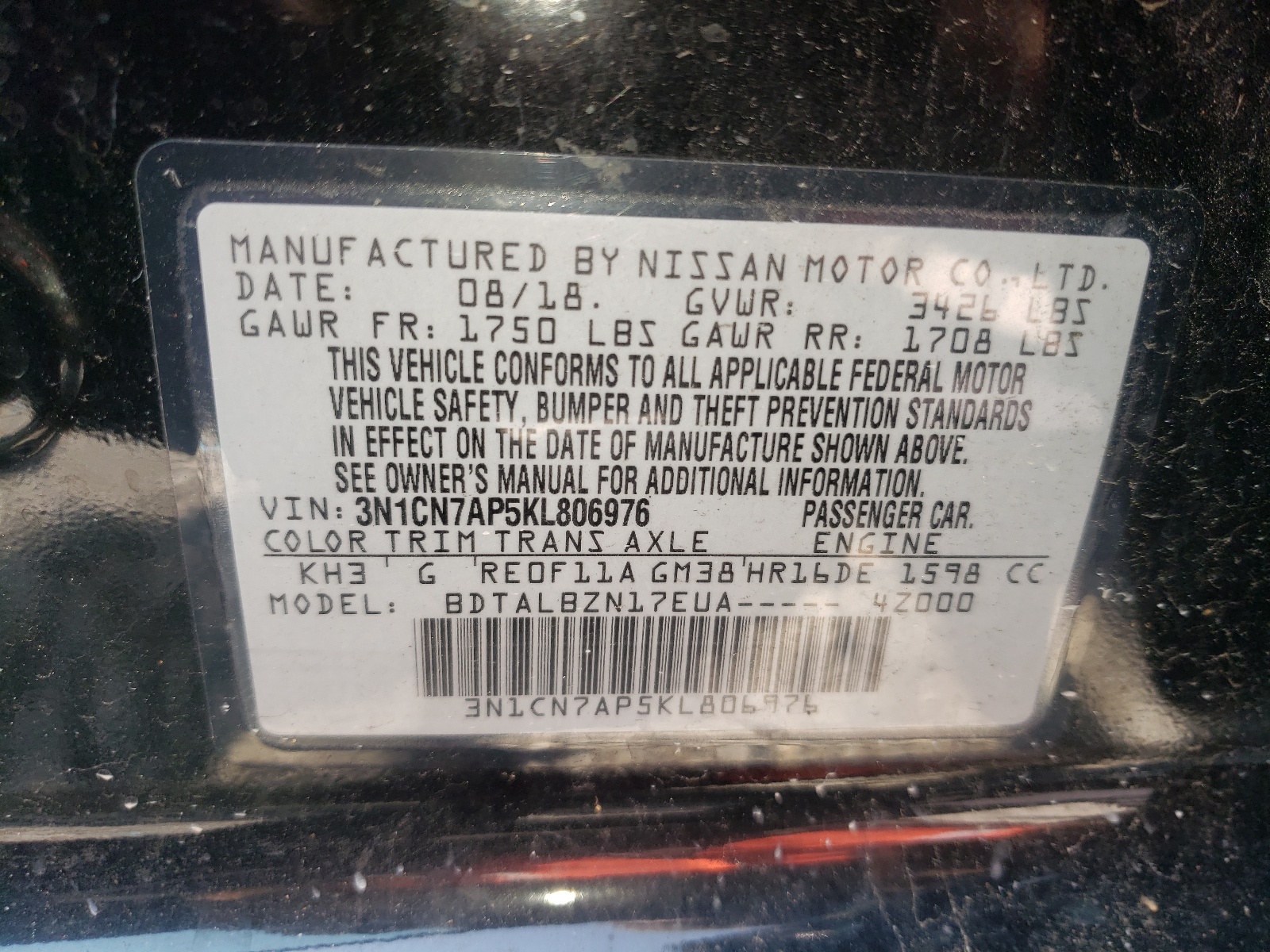 Photo 10 from auction – 2019 NISSAN VERSA S with VIN 3N1CN7AP5KL806976