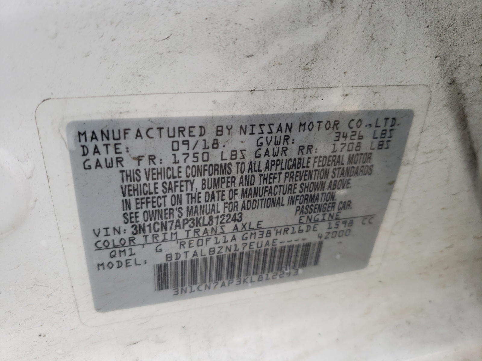 Photo 10 from auction – 2019 NISSAN VERSA S with VIN 3N1CN7AP3KL812243