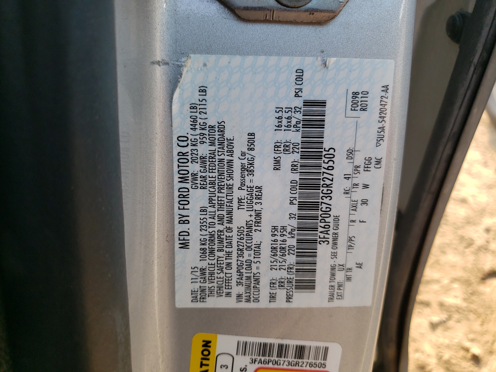 Photo 10 from auction – 2016 FORD FUSION S with VIN 3FA6P0G73GR276505