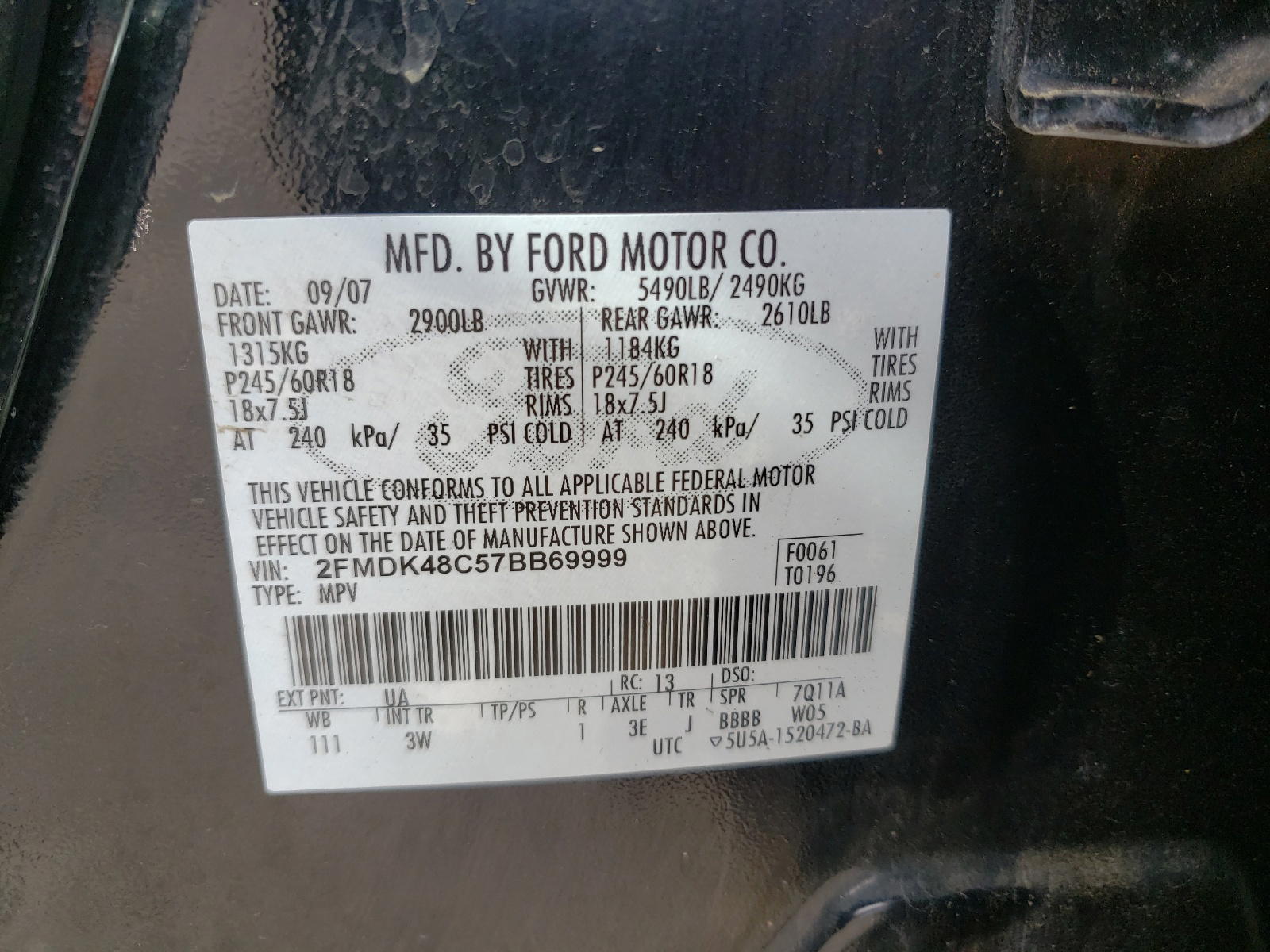 Photo 10 from auction – 2007 FORD EDGE SEL with VIN 2FMDK48C57BB69999