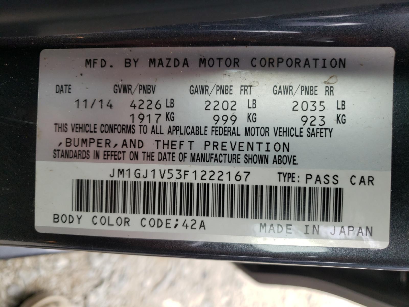 Photo 10 from auction – 2015 MAZDA 6 TOURING with VIN JM1GJ1V53F1222167