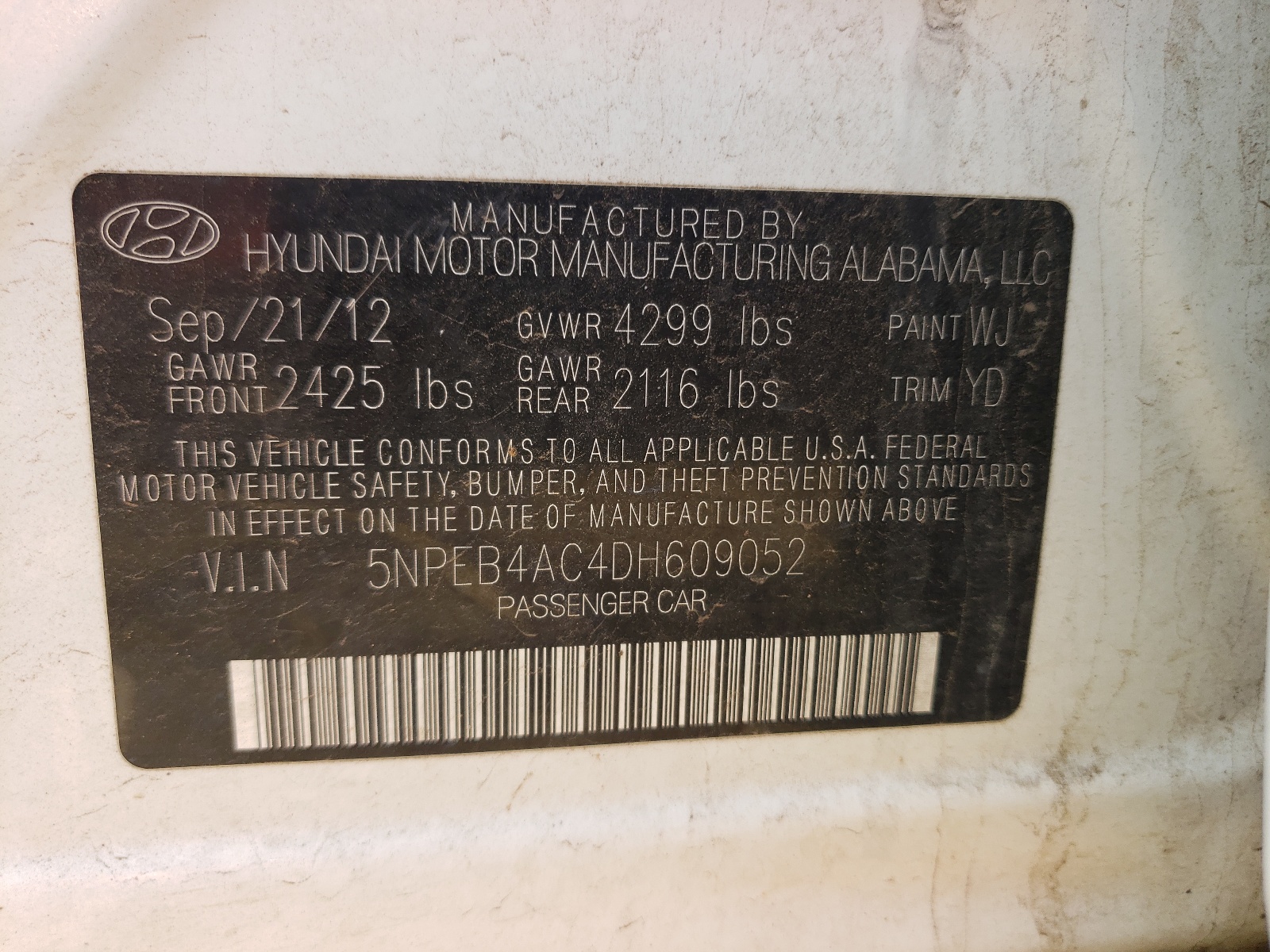 Photo 10 from auction – 2013 HYUNDAI SONATA GLS with VIN 5NPEB4AC4DH609052