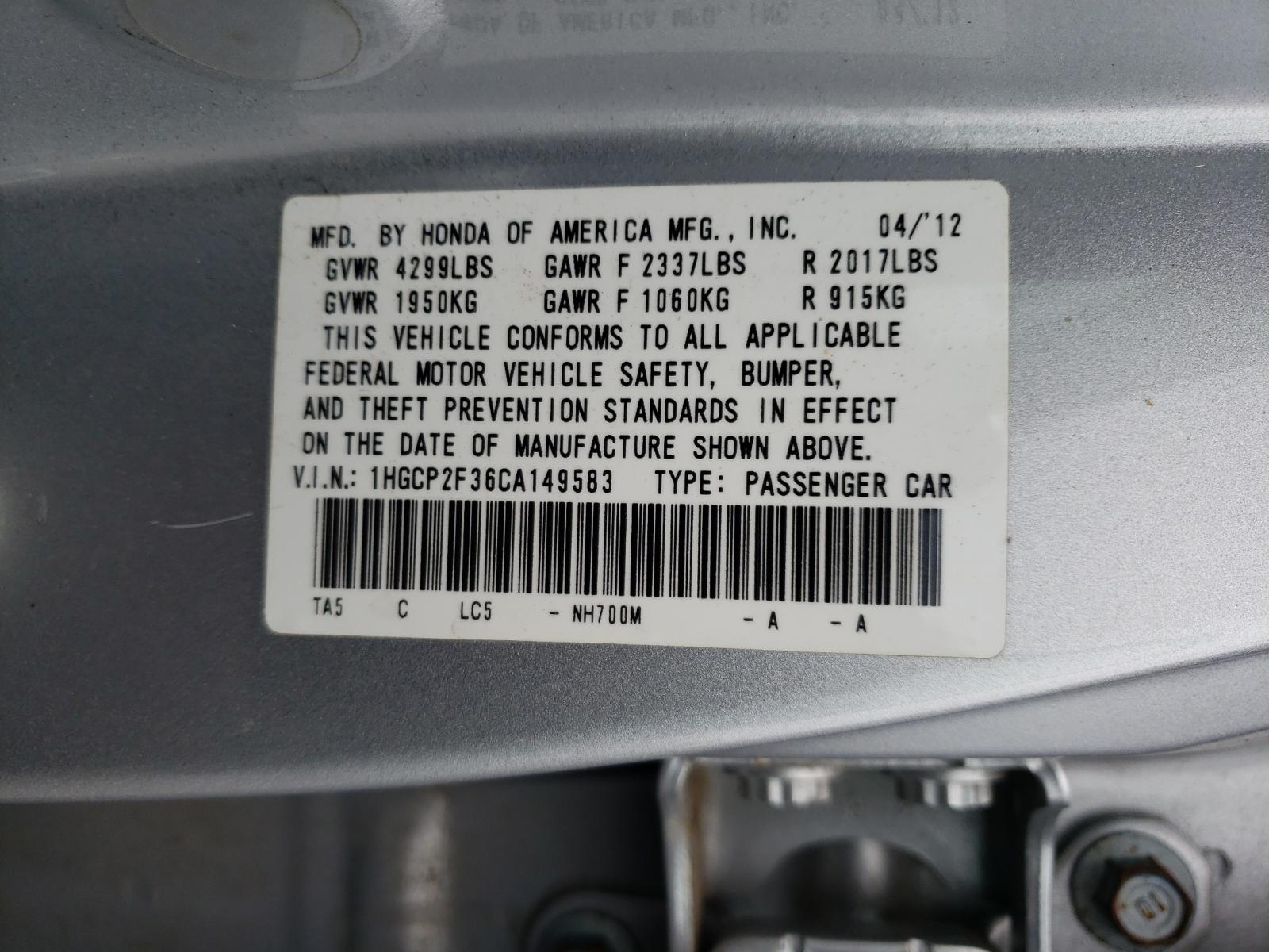 Photo 10 from auction – 2012 HONDA ACCORD LX with VIN 1HGCP2F36CA149583