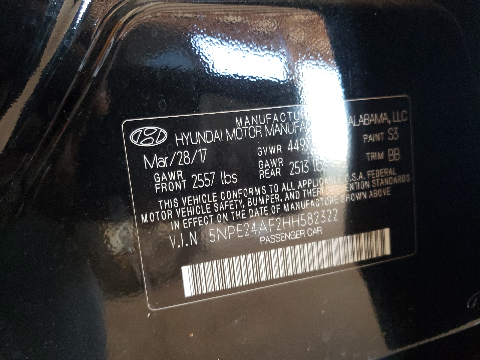 Photo 10 from auction – 2017 HYUNDAI SONATA SE with VIN 5NPE24AF2HH582322