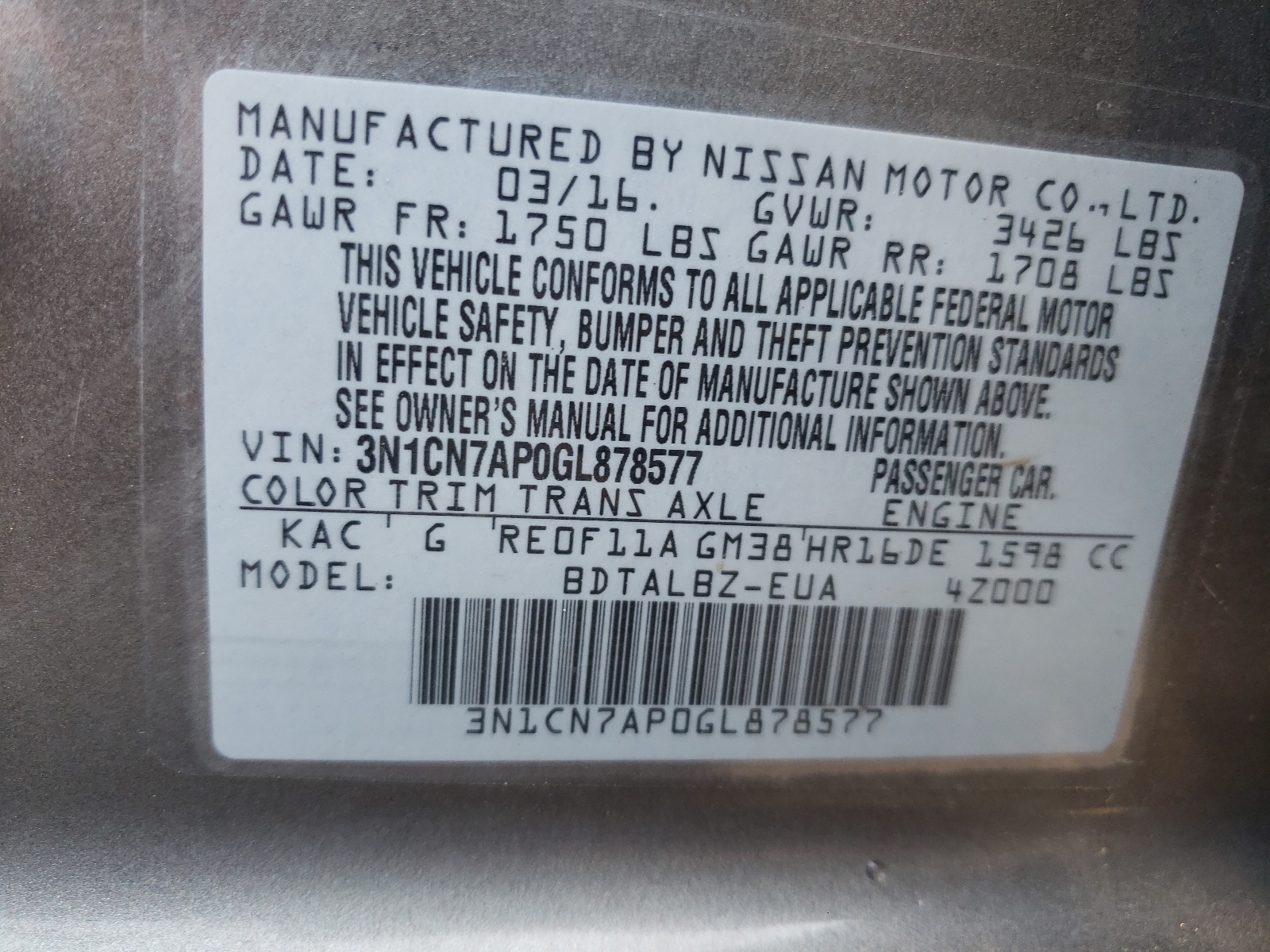 Photo 10 from auction – 2016 NISSAN VERSA S with VIN 3N1CN7AP0GL878577