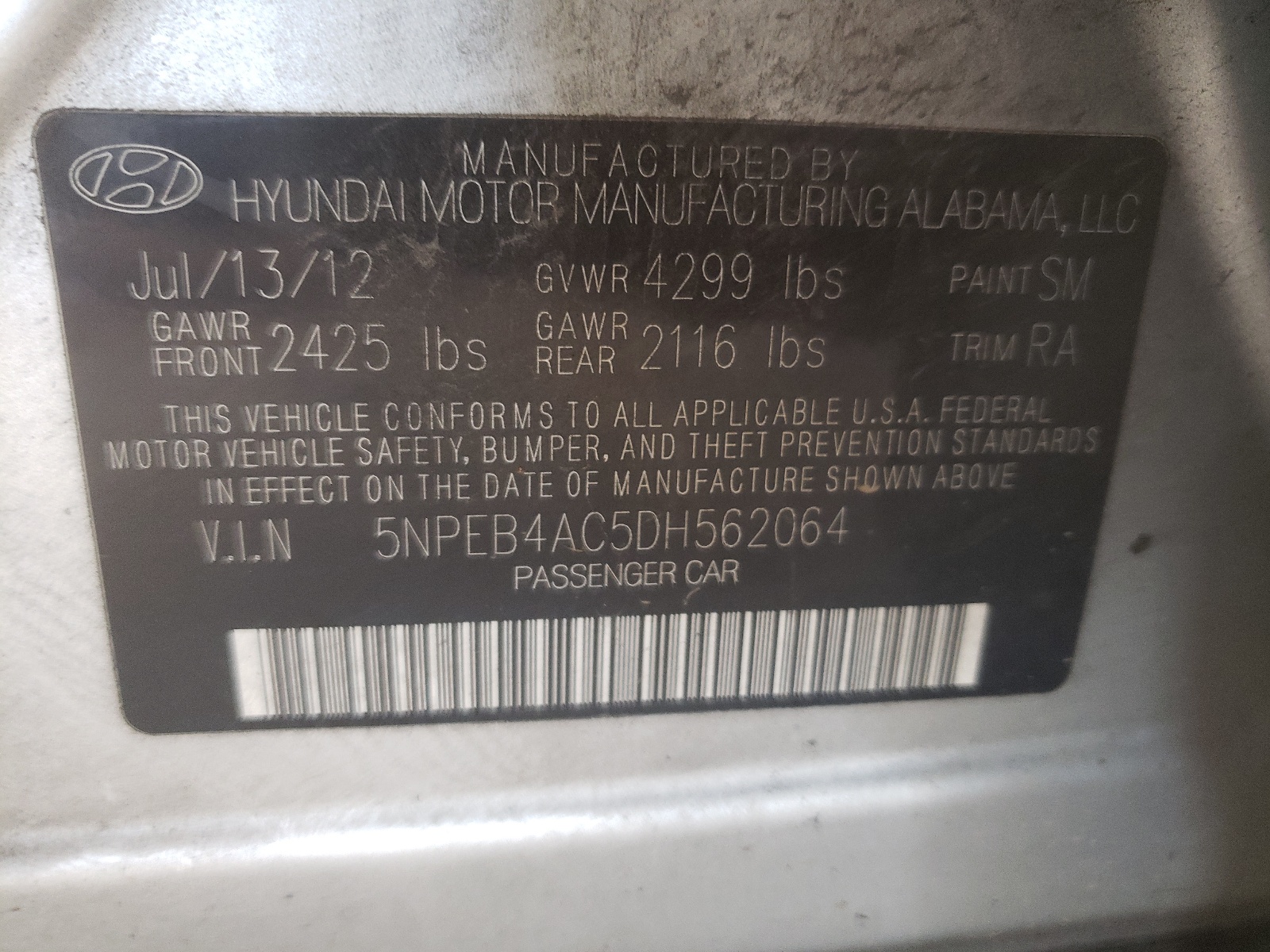 Photo 10 from auction – 2013 HYUNDAI SONATA GLS with VIN 5NPEB4AC5DH562064