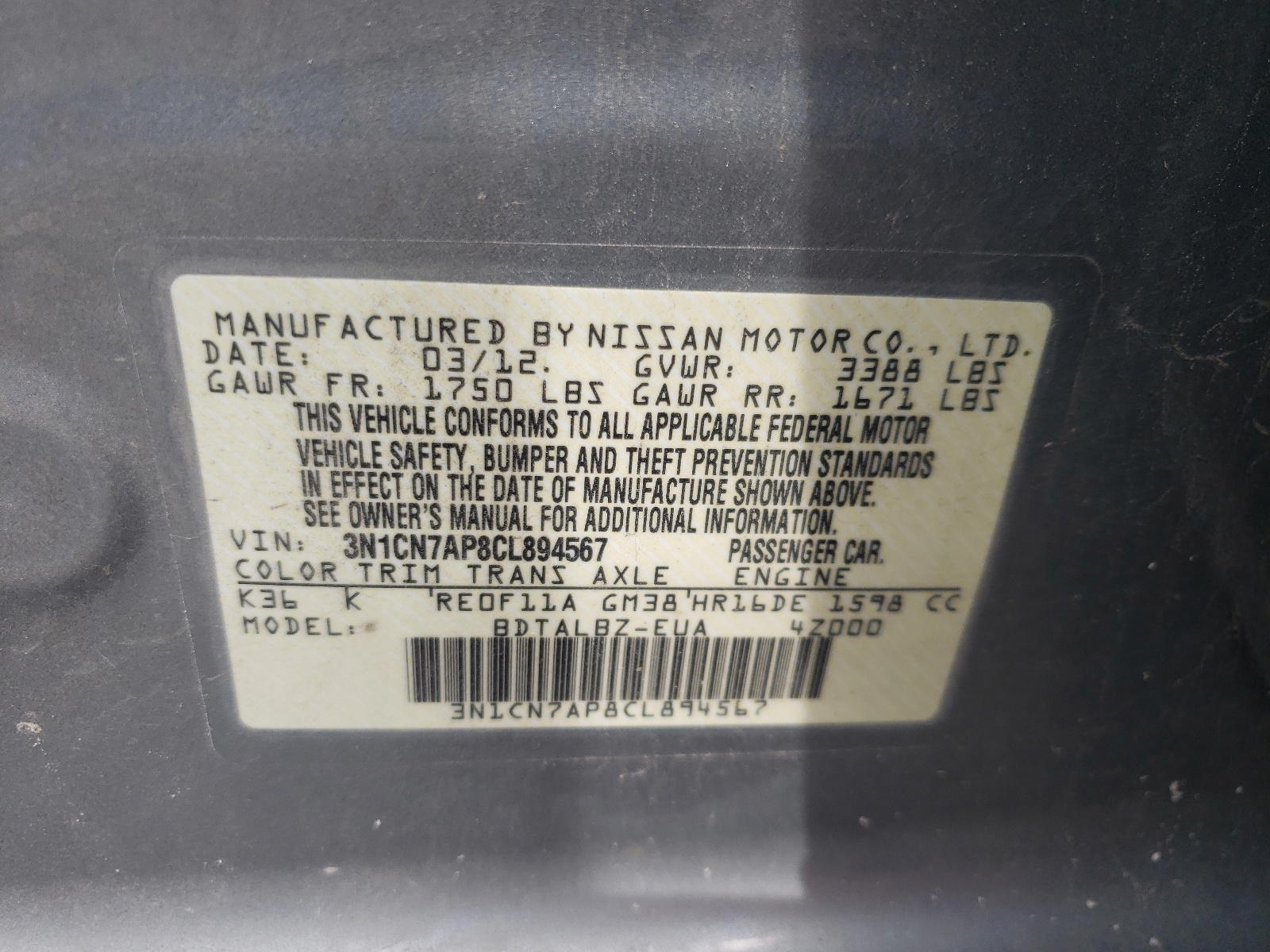 Photo 10 from auction – 2012 NISSAN VERSA S with VIN 3N1CN7AP8CL894567