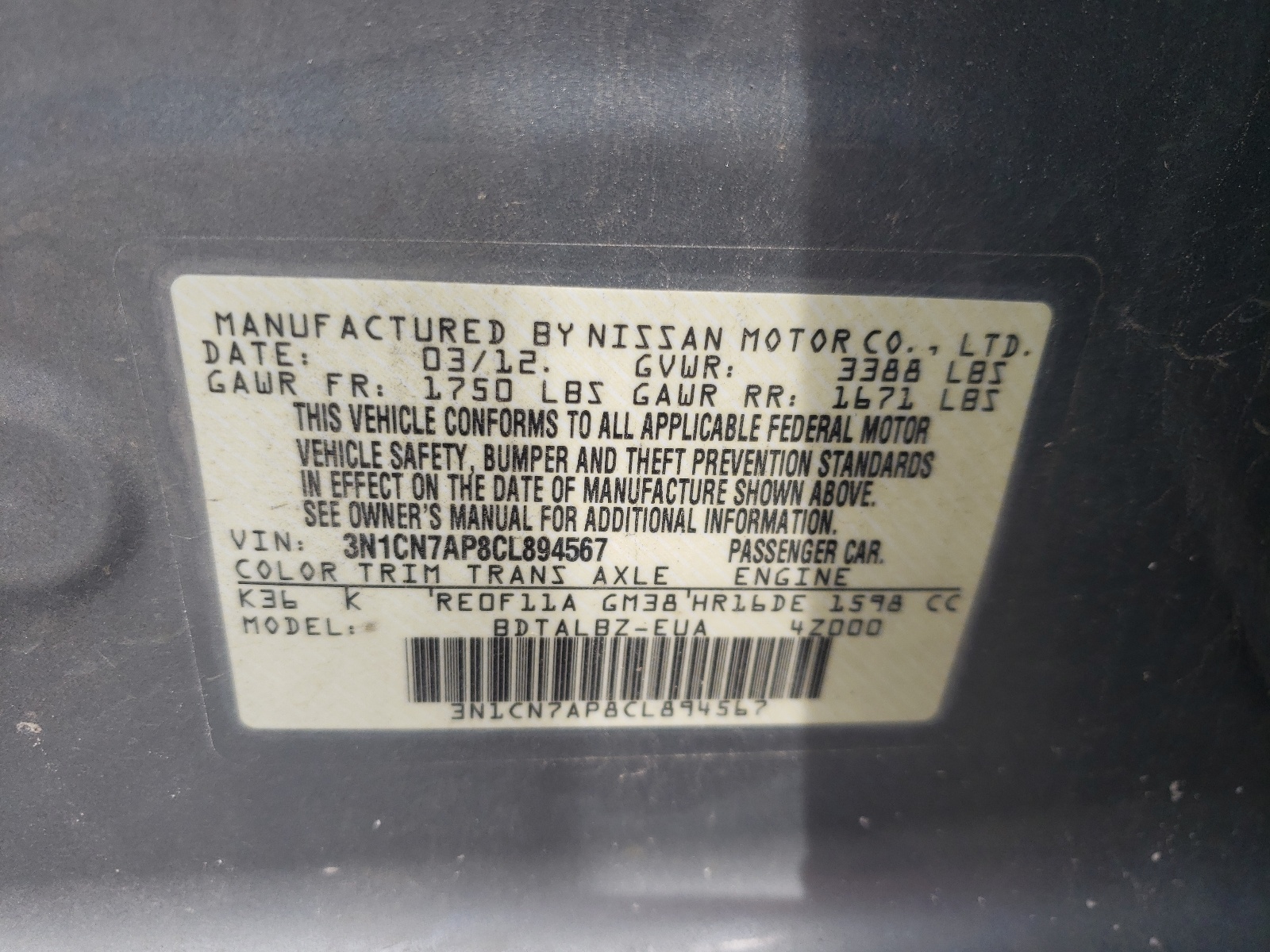 صورة رقم 10 من المزاد - 2012 NISSAN VERSA S مع VIN 3N1CN7AP8CL894567
