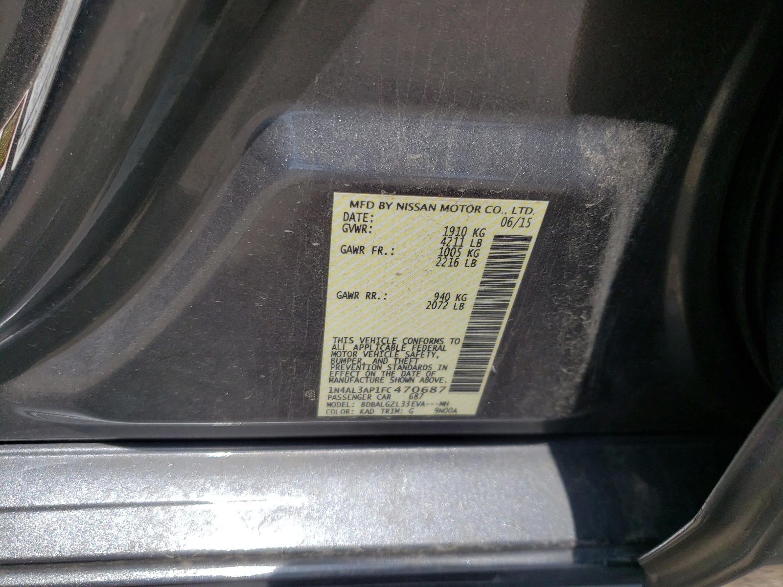 Photo 10 from auction – 2015 NISSAN ALTIMA 2.5 with VIN 1N4AL3AP1FC470687