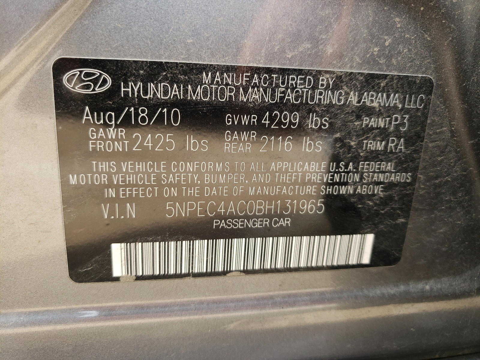 Photo 10 from auction – 2011 HYUNDAI SONATA SE with VIN 5NPEC4AC0BH131965