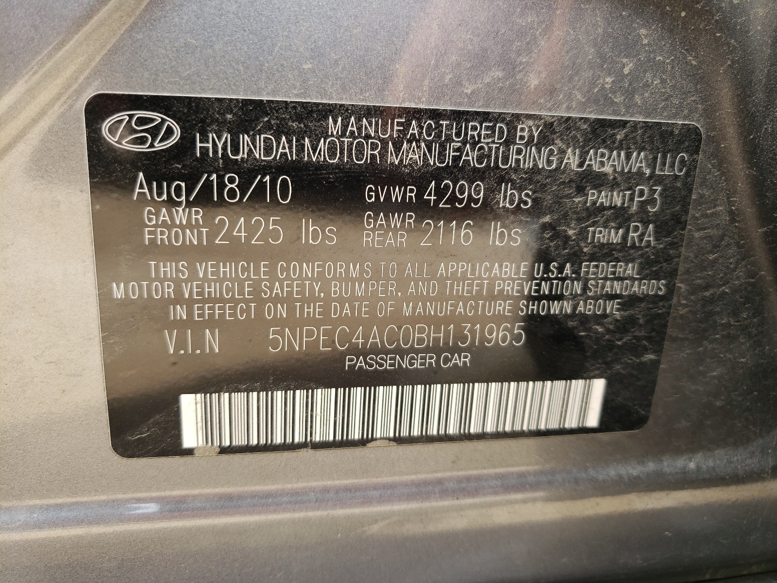 Zdjęcie 10 z aukcji – 2011 HYUNDAI SONATA SE z VIN 5NPEC4AC0BH131965