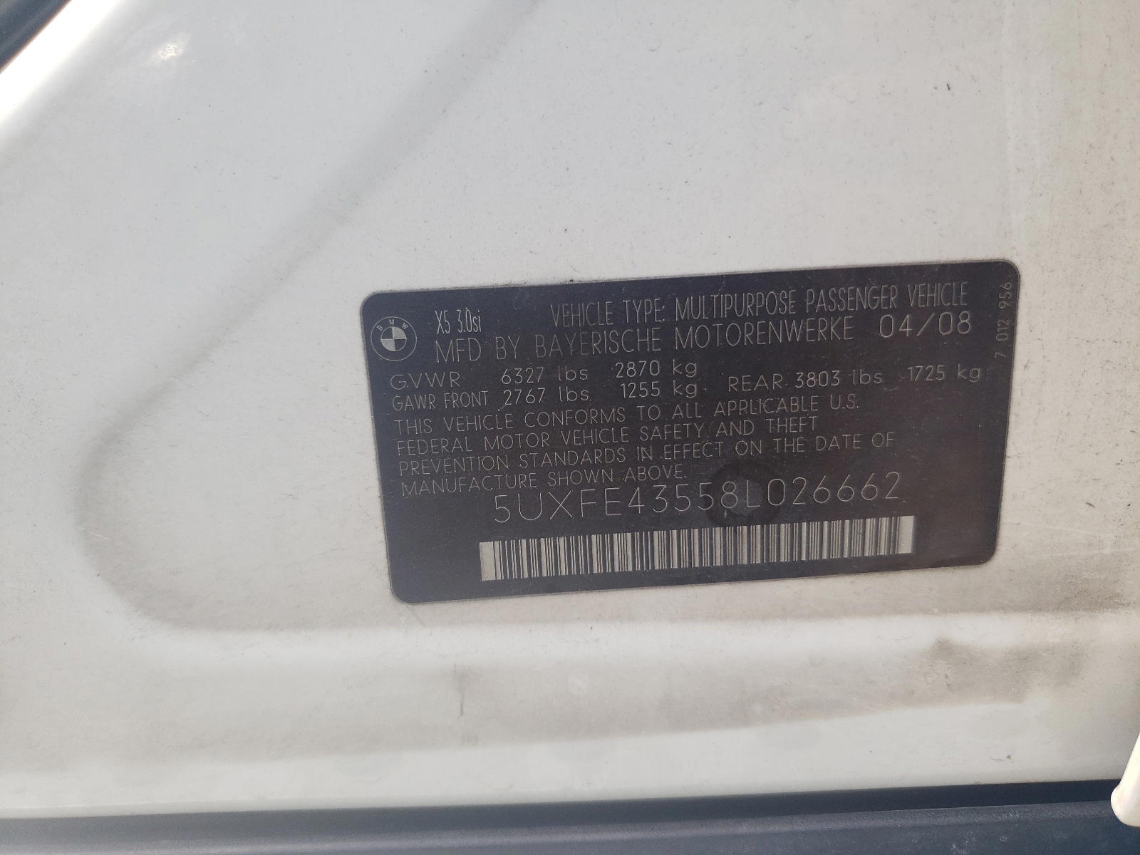 Photo 10 from auction – 2008 BMW X5 3.0I with VIN 5UXFE43558L026662