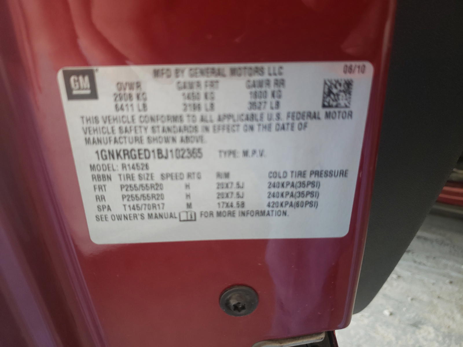 Photo 10 from auction – 2011 CHEVROLET TRAVERSE L with VIN 1GNKRGED1BJ102365