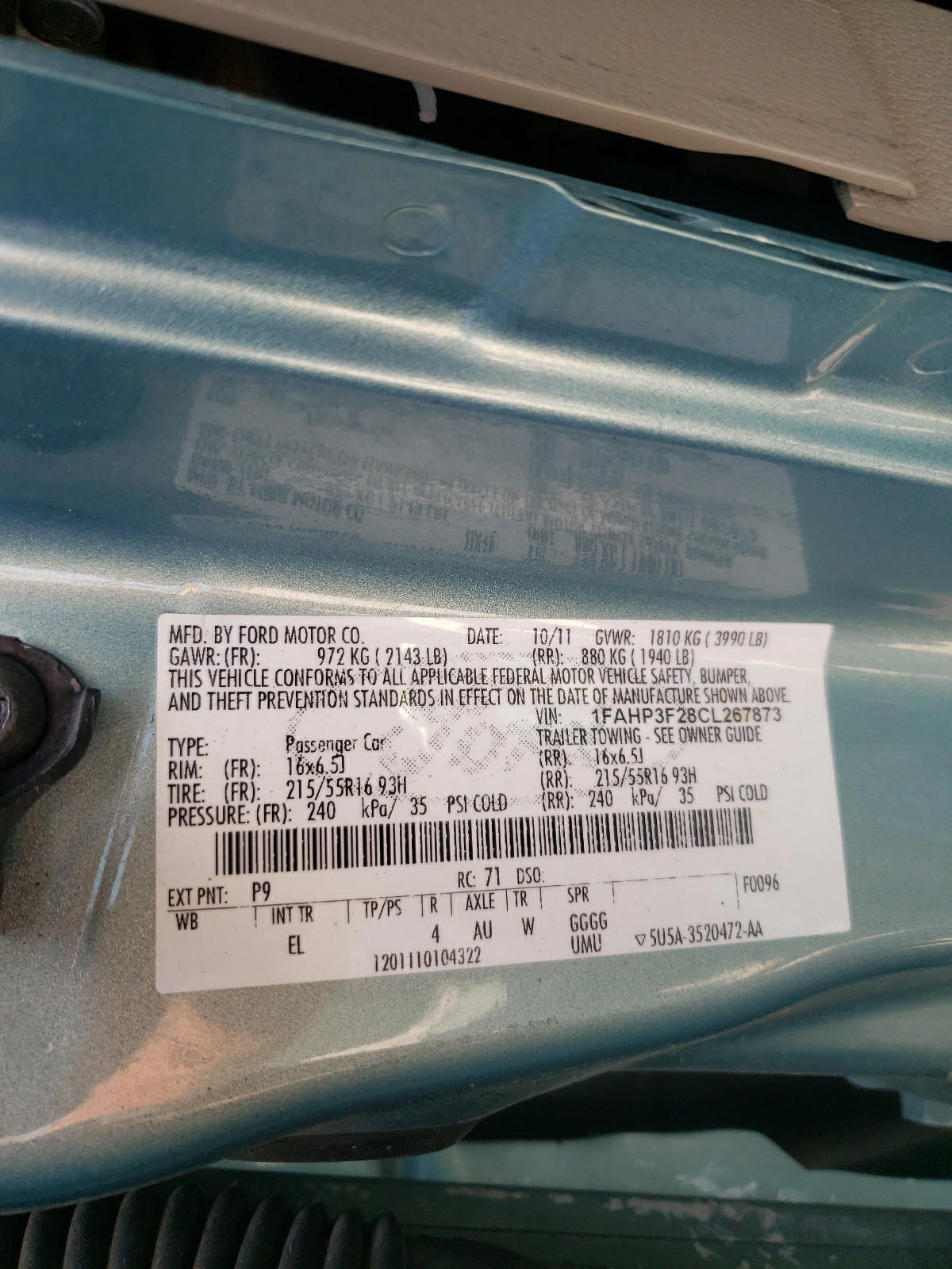 Photo 10 from auction – 2012 FORD FOCUS SE with VIN 1FAHP3F28CL267873