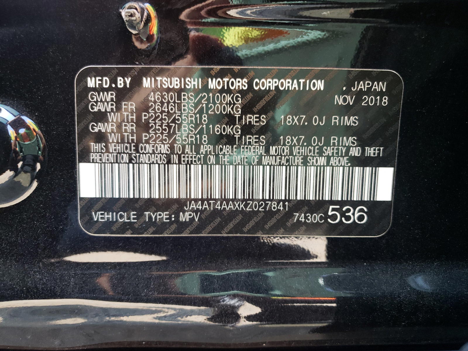 Photo 10 from auction – 2019 MITSUBISHI ECLIPSE CR with VIN JA4AT4AAXKZ027841