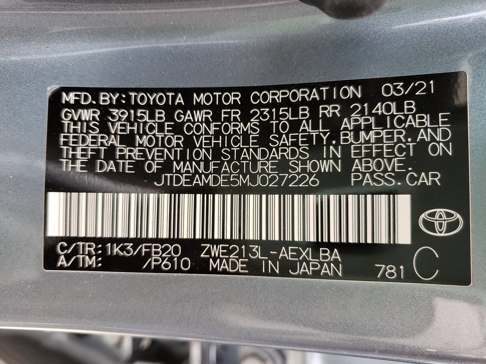 Photo 10 from auction – 2021 TOYOTA COROLLA LE with VIN JTDEAMDE5MJ027226