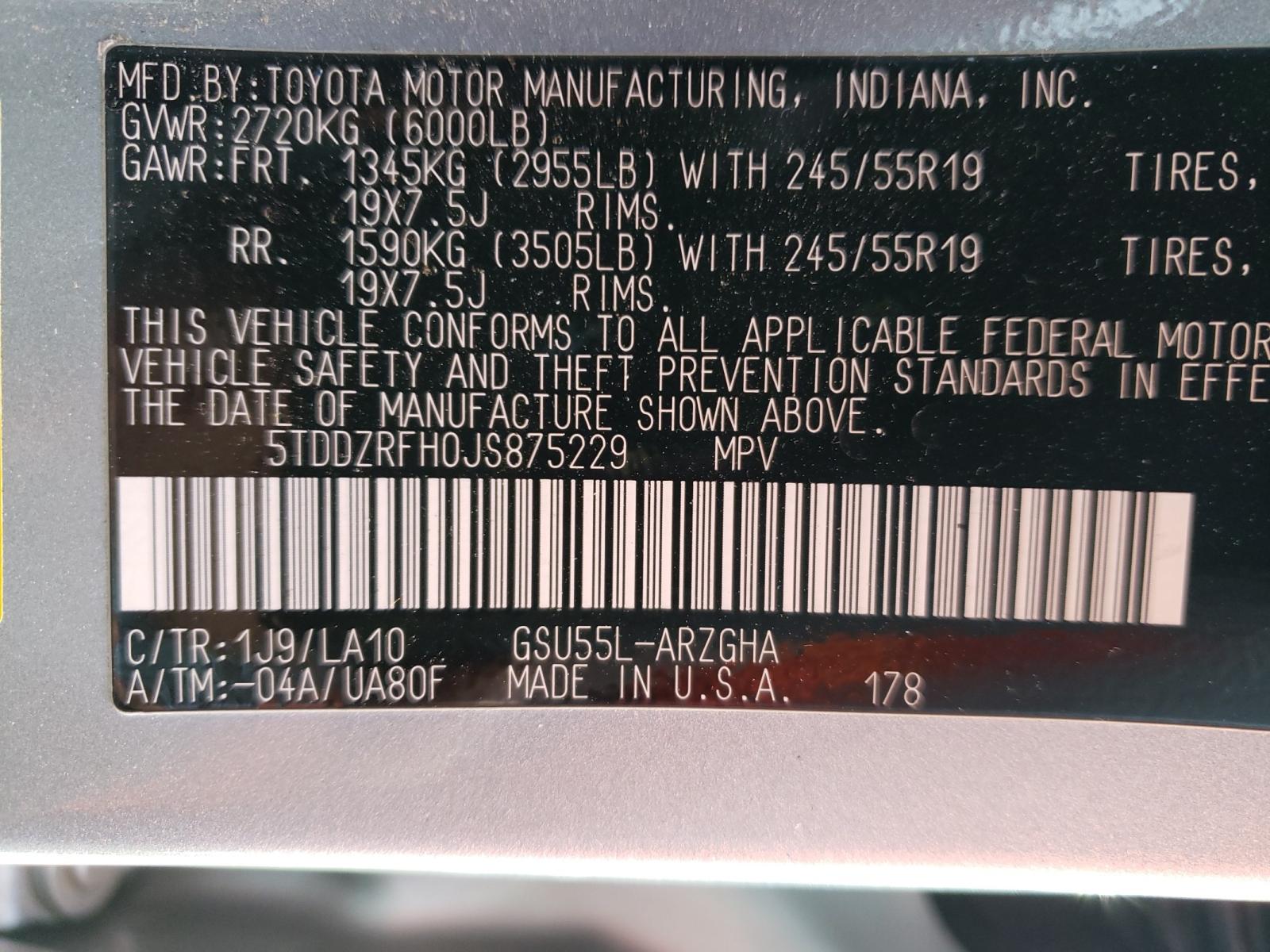 Photo 10 from auction – 2018 TOYOTA HIGHLANDER with VIN 5TDDZRFH0JS875229