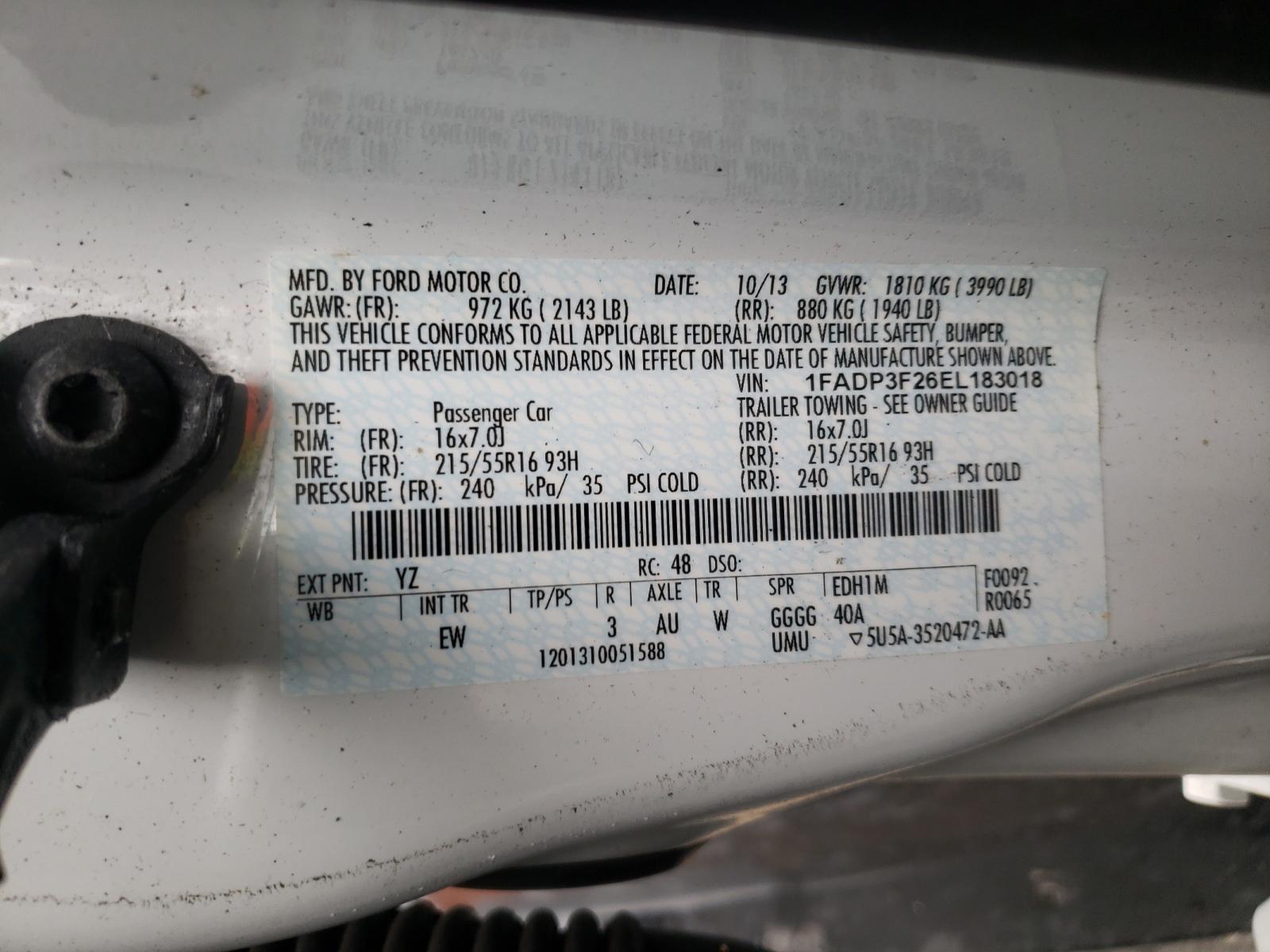 Photo 10 from auction – 2014 FORD FOCUS SE with VIN 1FADP3F26EL183018