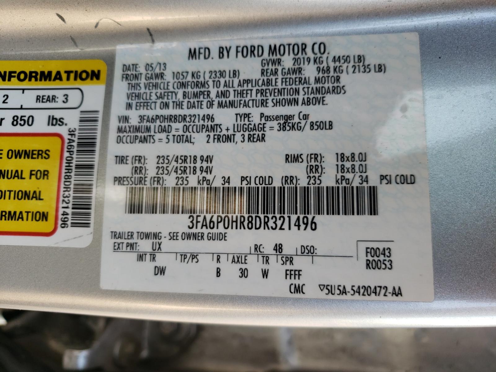 Photo 10 from auction – 2013 FORD FUSION SE with VIN 3FA6P0HR8DR321496