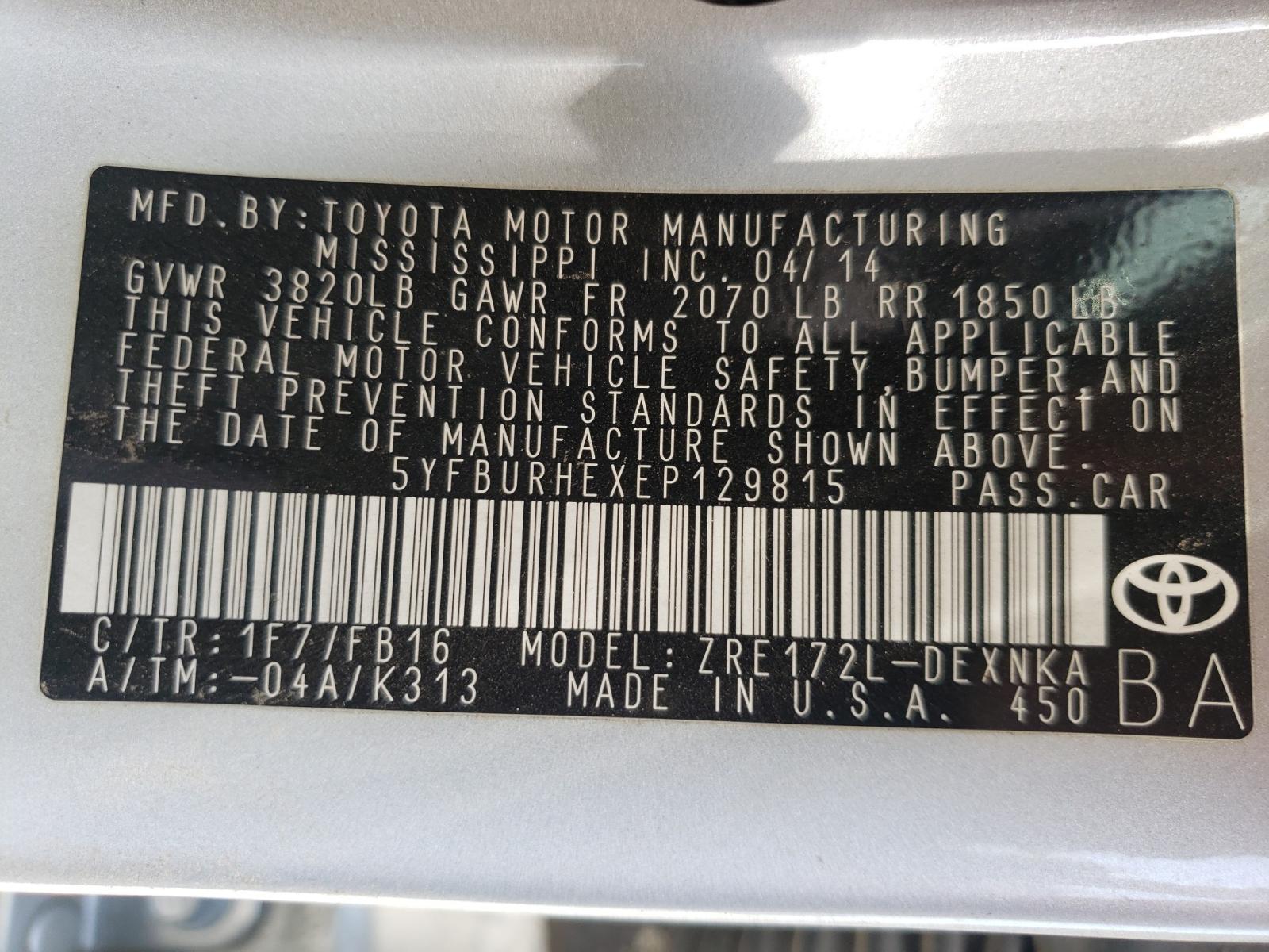 Photo 10 from auction – 2014 TOYOTA COROLLA L with VIN 5YFBURHEXEP129815