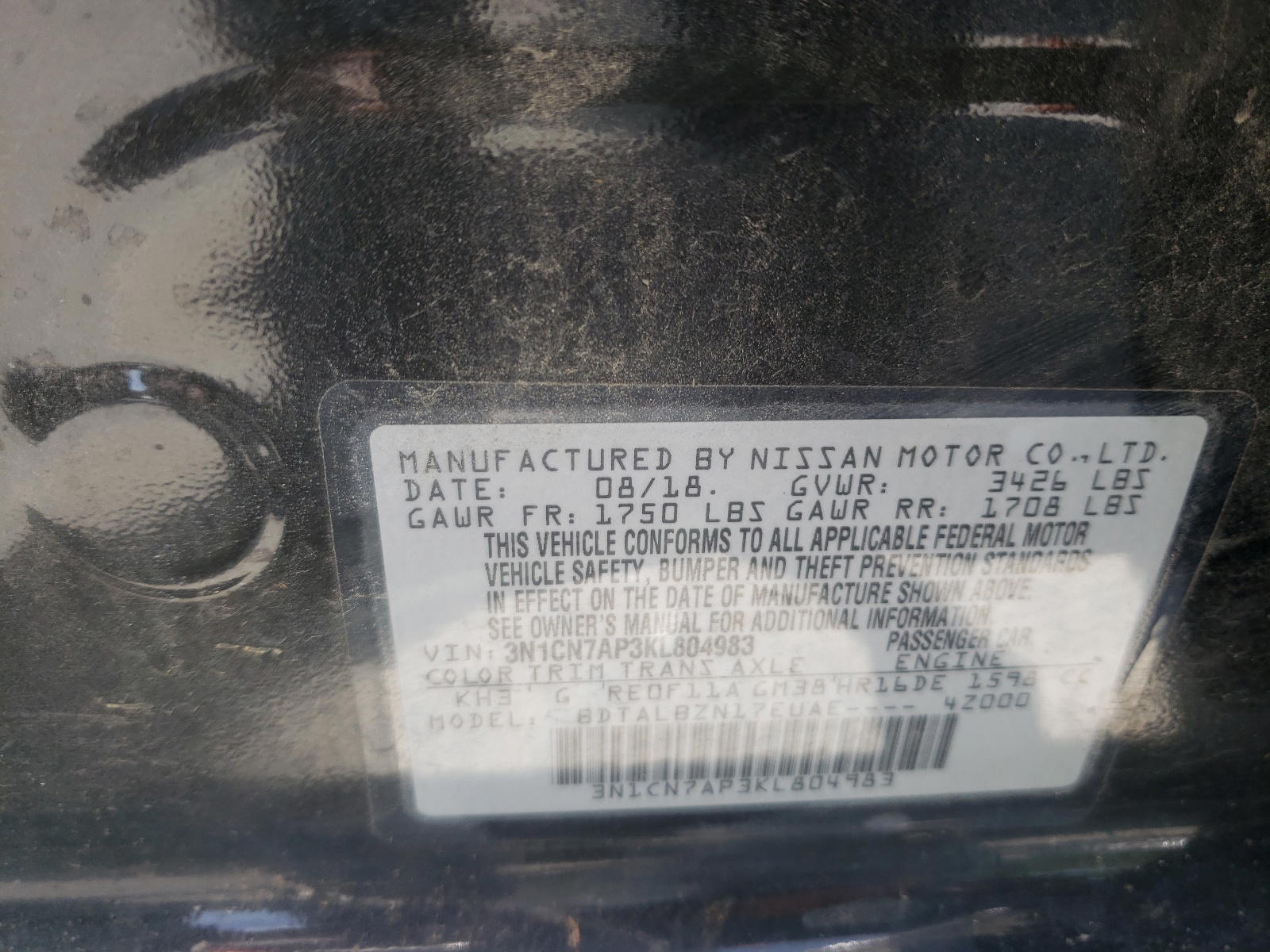 Photo 10 from auction – 2019 NISSAN VERSA S with VIN 3N1CN7AP3KL804983