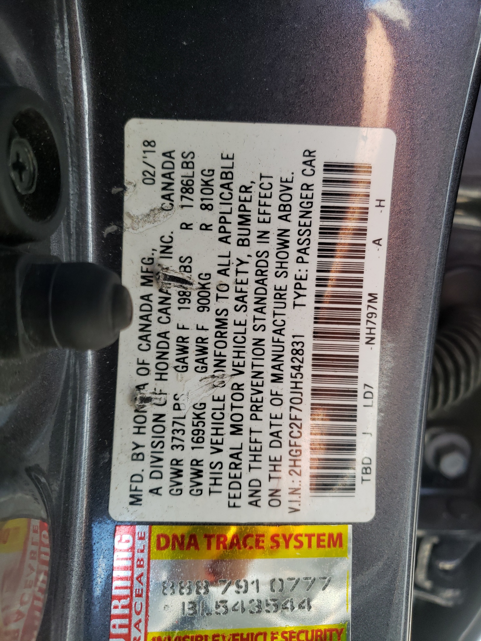 Photo 10 from auction – 2018 HONDA CIVIC EX with VIN 2HGFC2F70JH542831