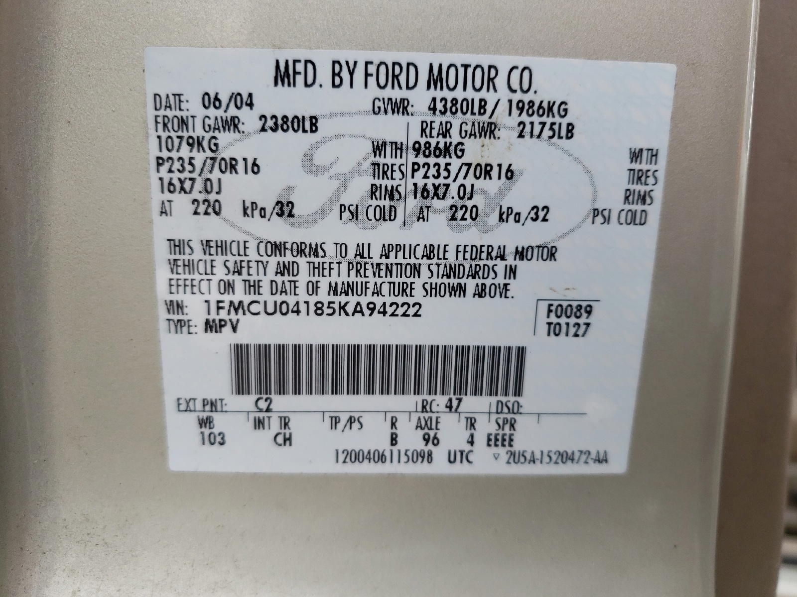 Photo 10 from auction – 2005 FORD ESCAPE LIM with VIN 1FMCU04185KA94222