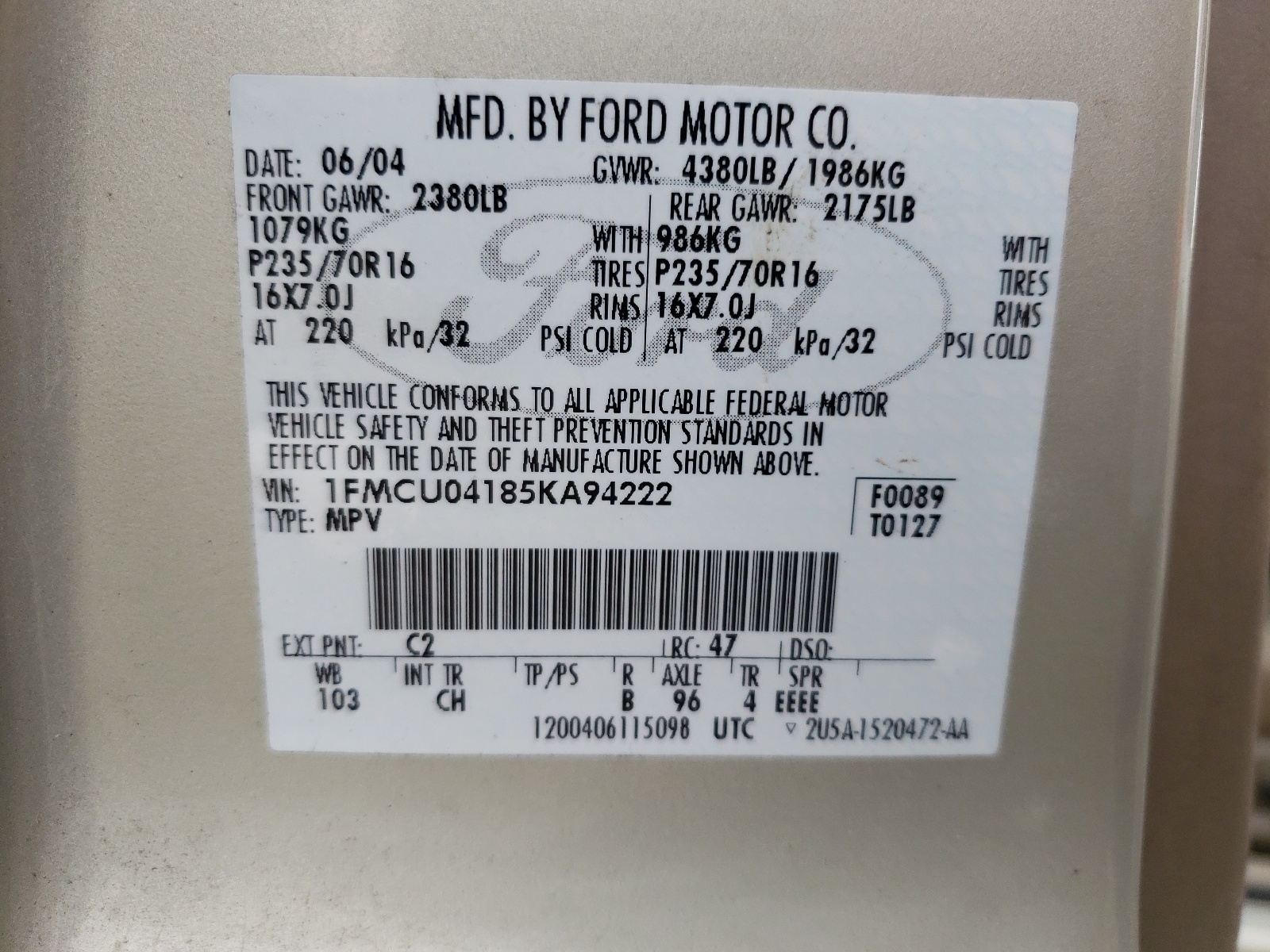 Zdjęcie 10 z aukcji – 2005 FORD ESCAPE LIM z VIN 1FMCU04185KA94222