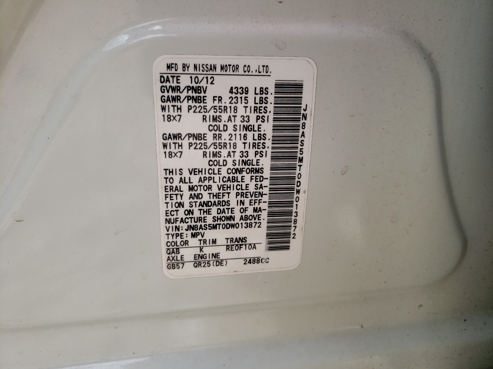 Photo 10 from auction – 2013 NISSAN ROGUE S with VIN JN8AS5MT0DW013872