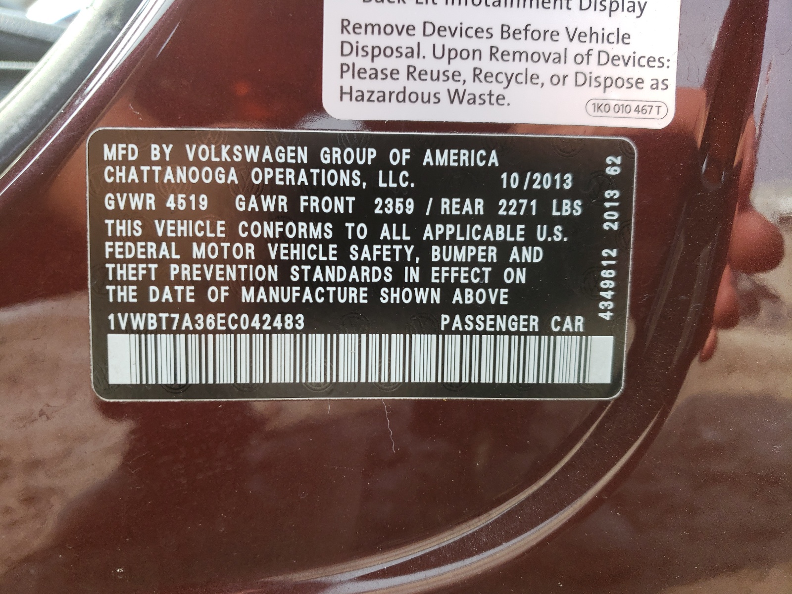Photo 10 from auction – 2014 VOLKSWAGEN PASSAT SE with VIN 1VWBT7A36EC042483