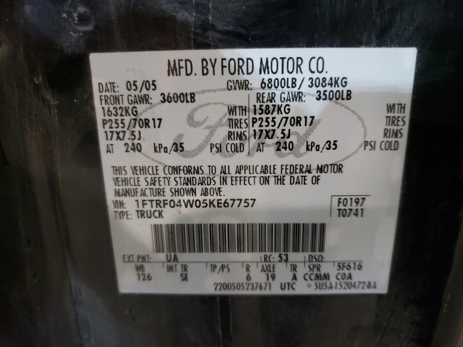 Photo 10 from auction – 2005 FORD F150 with VIN 1FTRF04W05KE67757