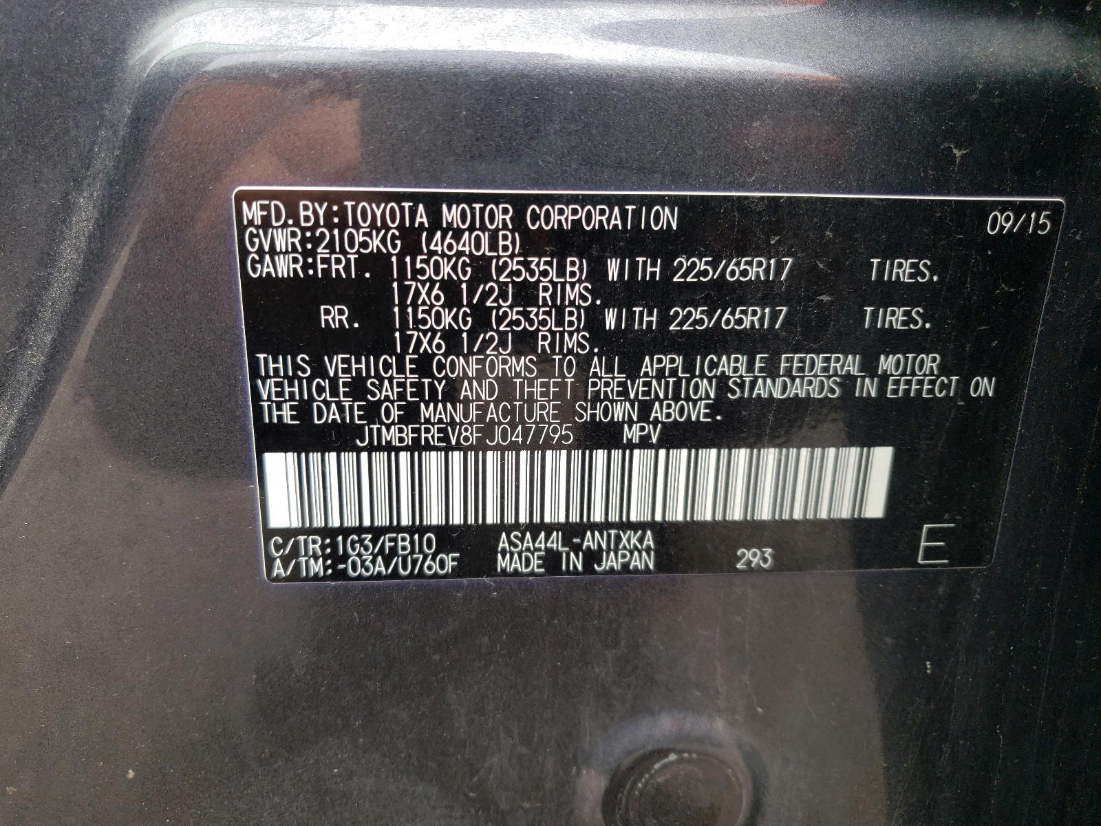 Photo 10 from auction – 2015 TOYOTA RAV4 LE with VIN JTMBFREV8FJ047795