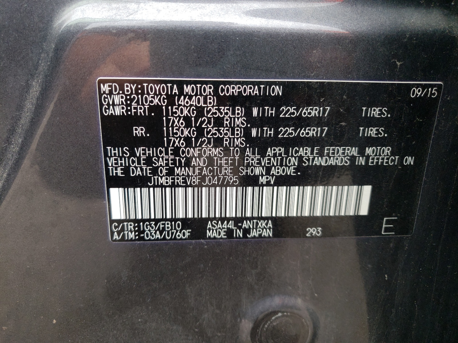 Zdjęcie 10 z aukcji – 2015 TOYOTA RAV4 LE z VIN JTMBFREV8FJ047795